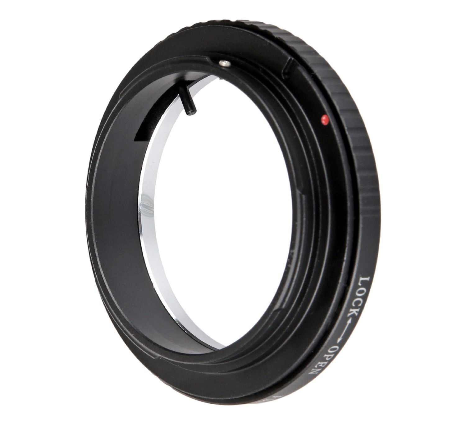 Schwarzer Metalladapterring. Der Ring hat die Wörter 'LOCK' und 'OPEN' mit einem Pfeil.