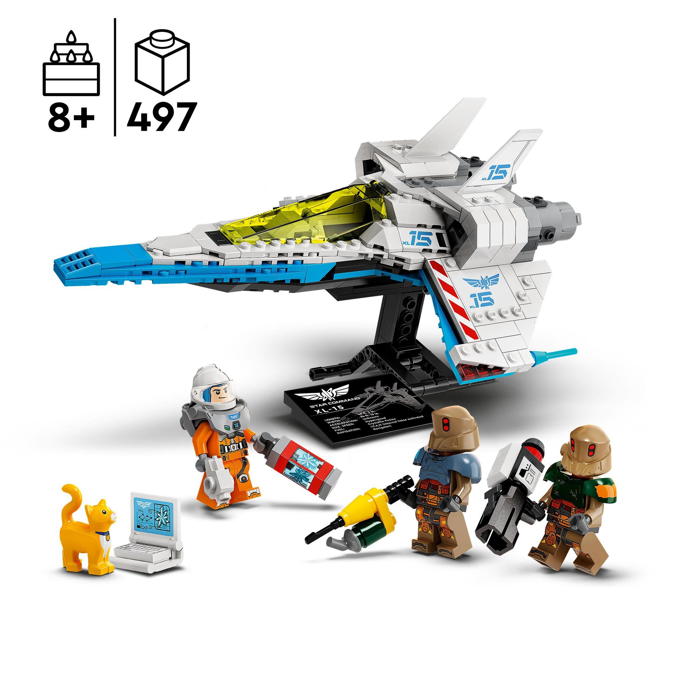Lego-Set eines Raumschiffs mit drei Minifiguren und einer Katzenfigur.