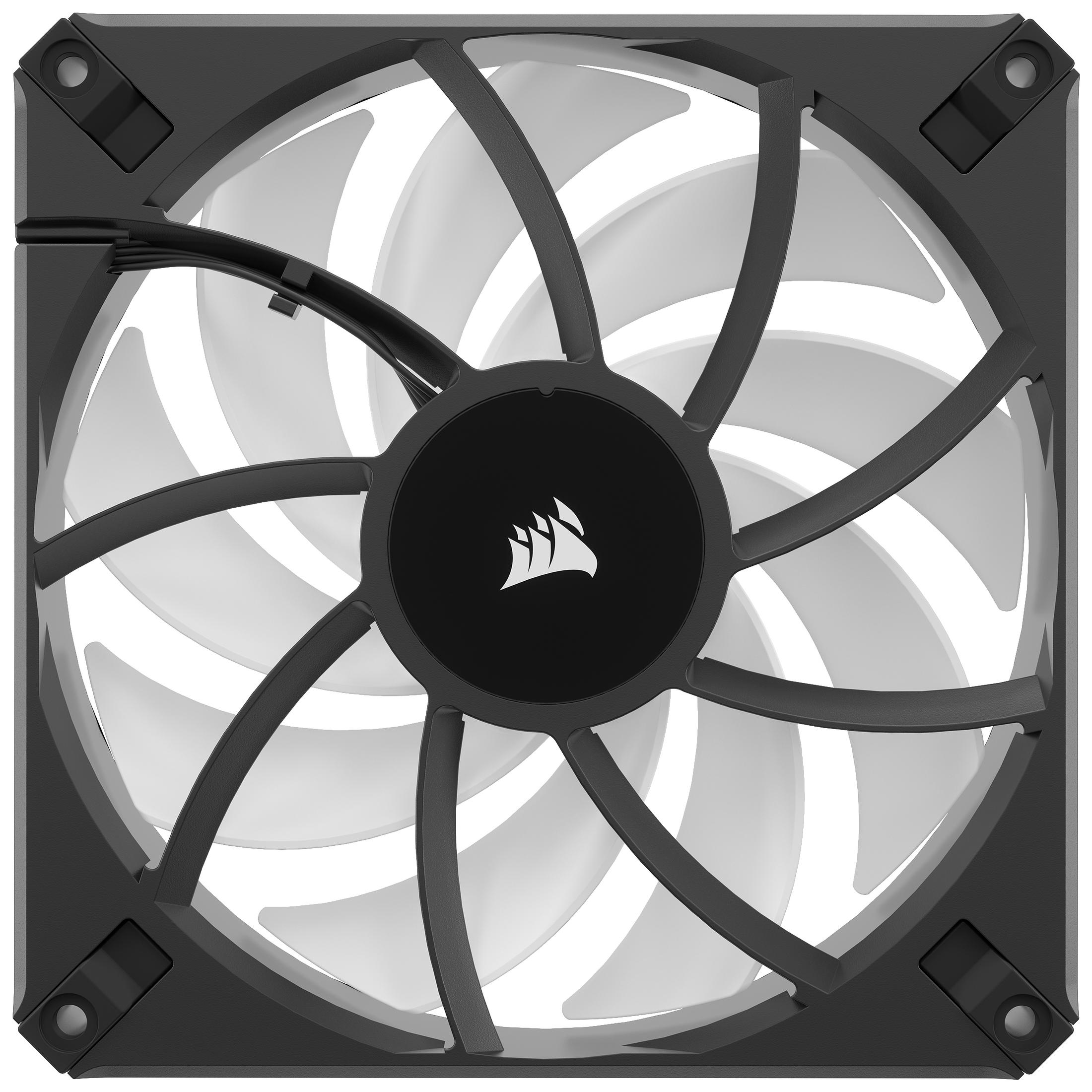 Computerlüfter mit schwarzem Rahmen und Blättern. Blätter weiß, Lüftermitte schwarz mit Logo.