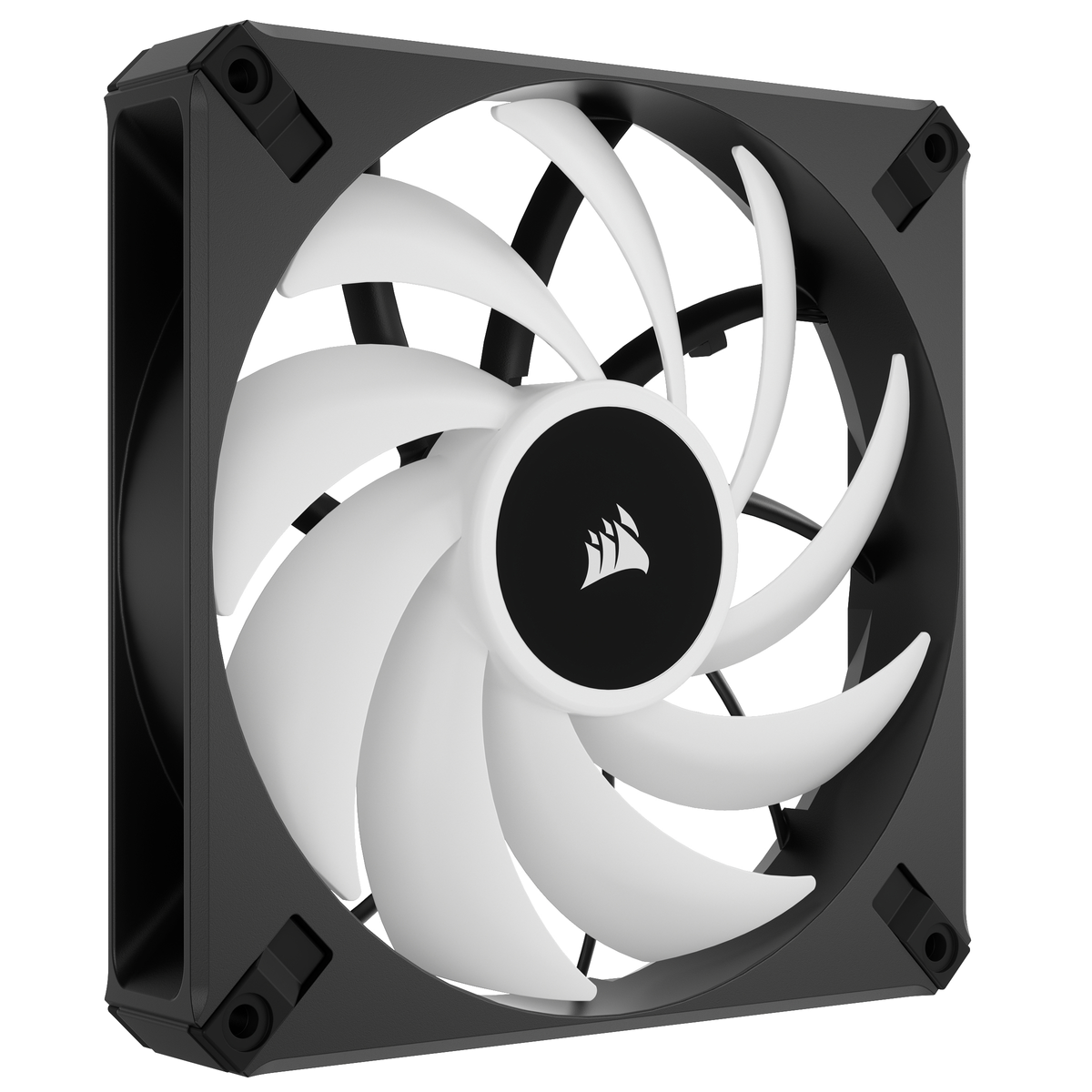 Schwarz-weißer Computerlüfter mit weißen Flügeln und schwarzem Rahmen.