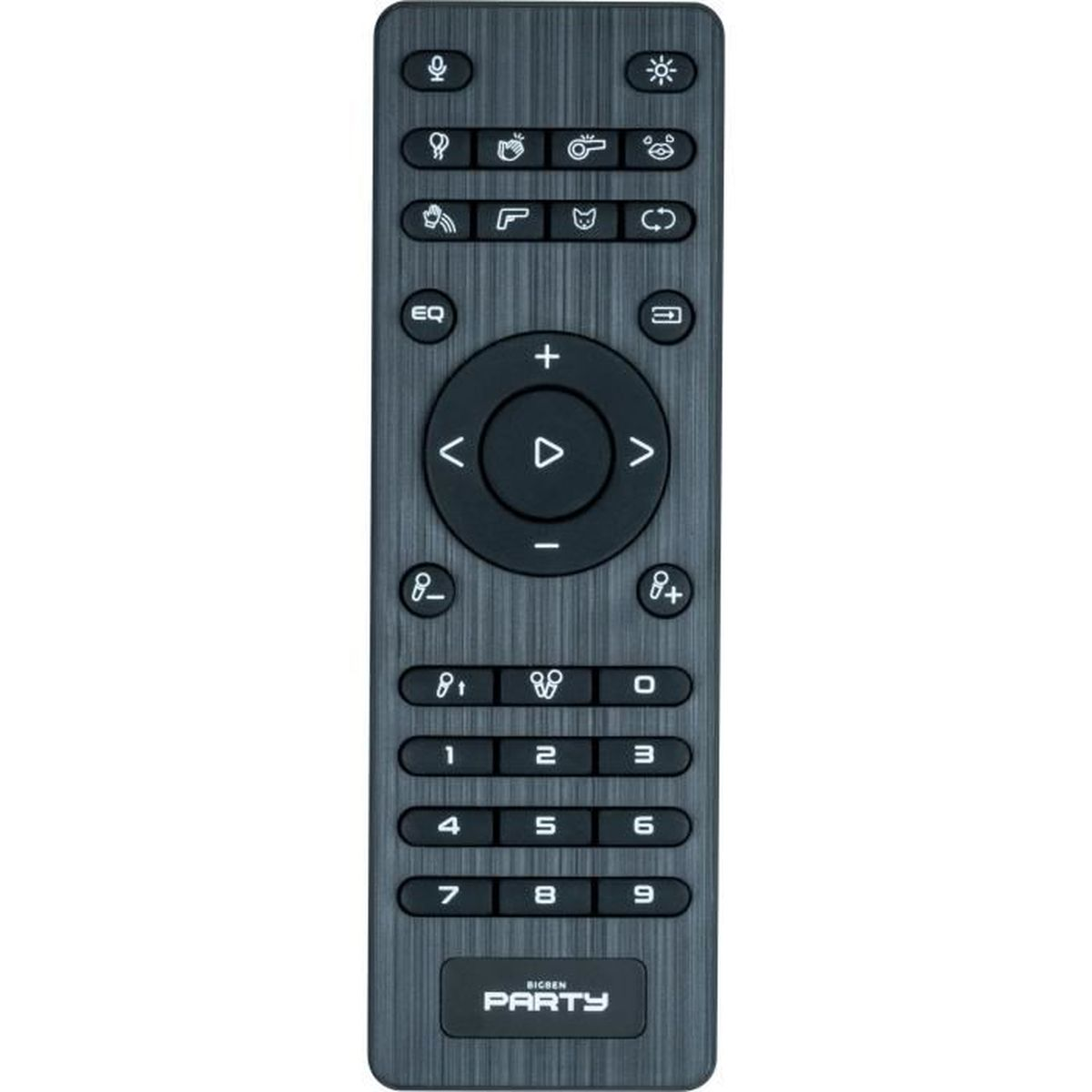 Czarny pilot z przyciskami, w tym numerami i etykietą 'PARTY'.