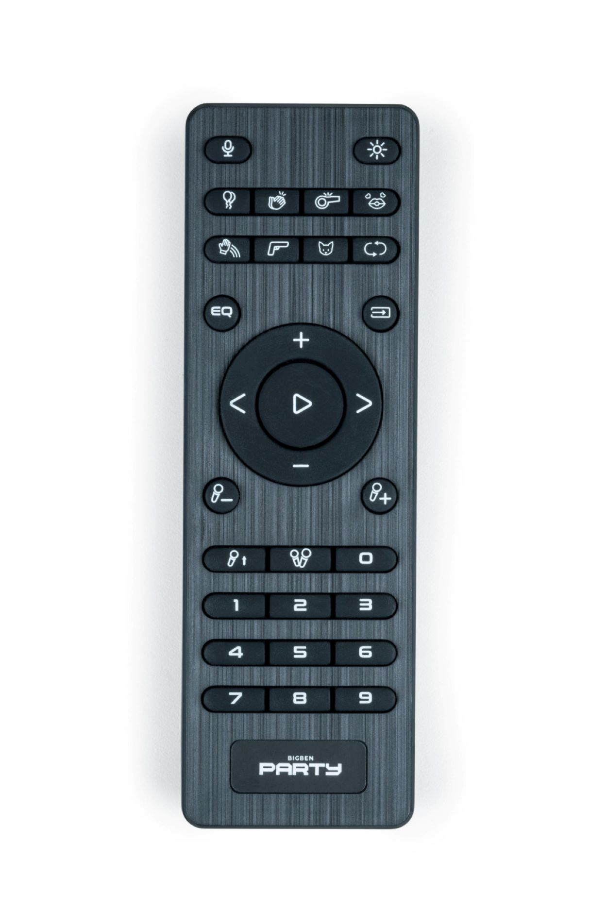 Szary pilot z przyciskami i ikonami. Widoczna nazwa marki 'BIGBEN PARTY'.