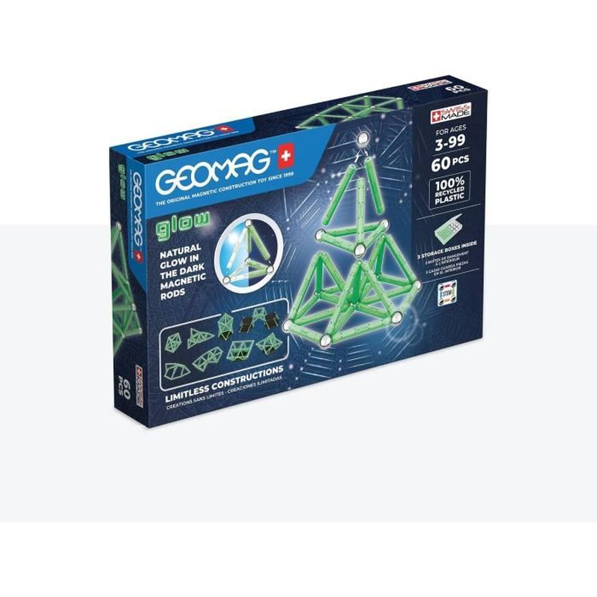 Boîte de jouets Geomag. Des tiges et connecteurs verts forment des formes. La boîte affiche la marque et les caractéristiques.
