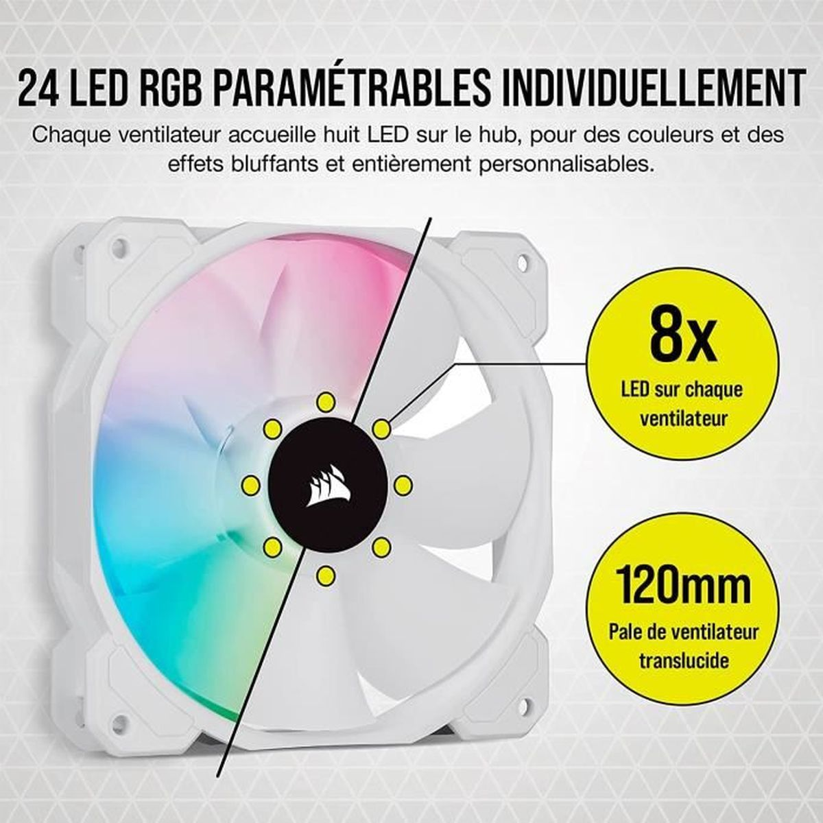 Biały wentylator komputerowy z diodami LED RGB i tekstem o jego funkcjach.