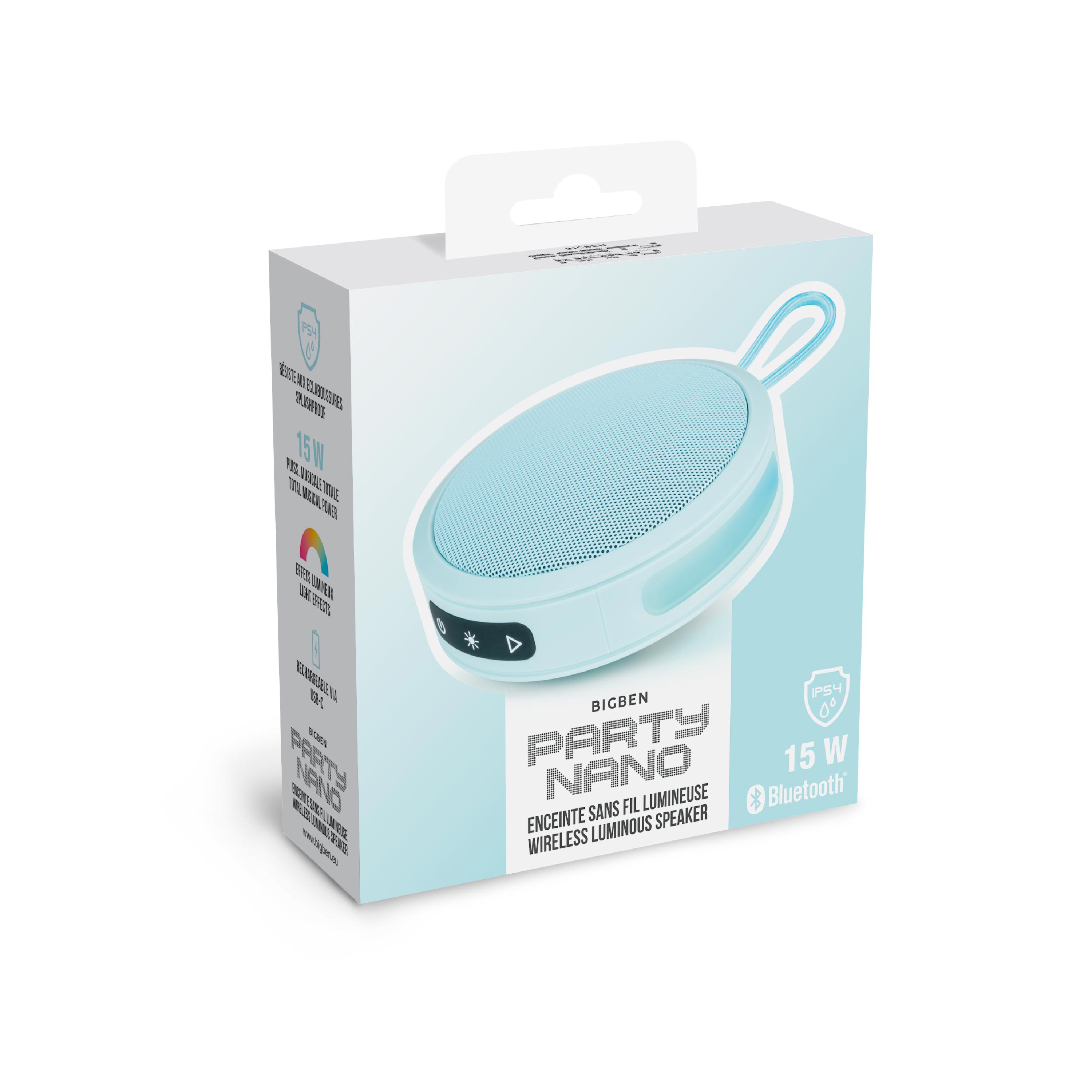 Jasnoniebieski głośnik Bluetooth Bigben Party Nano w pudełku. Pudełko jest białe z grafiką.