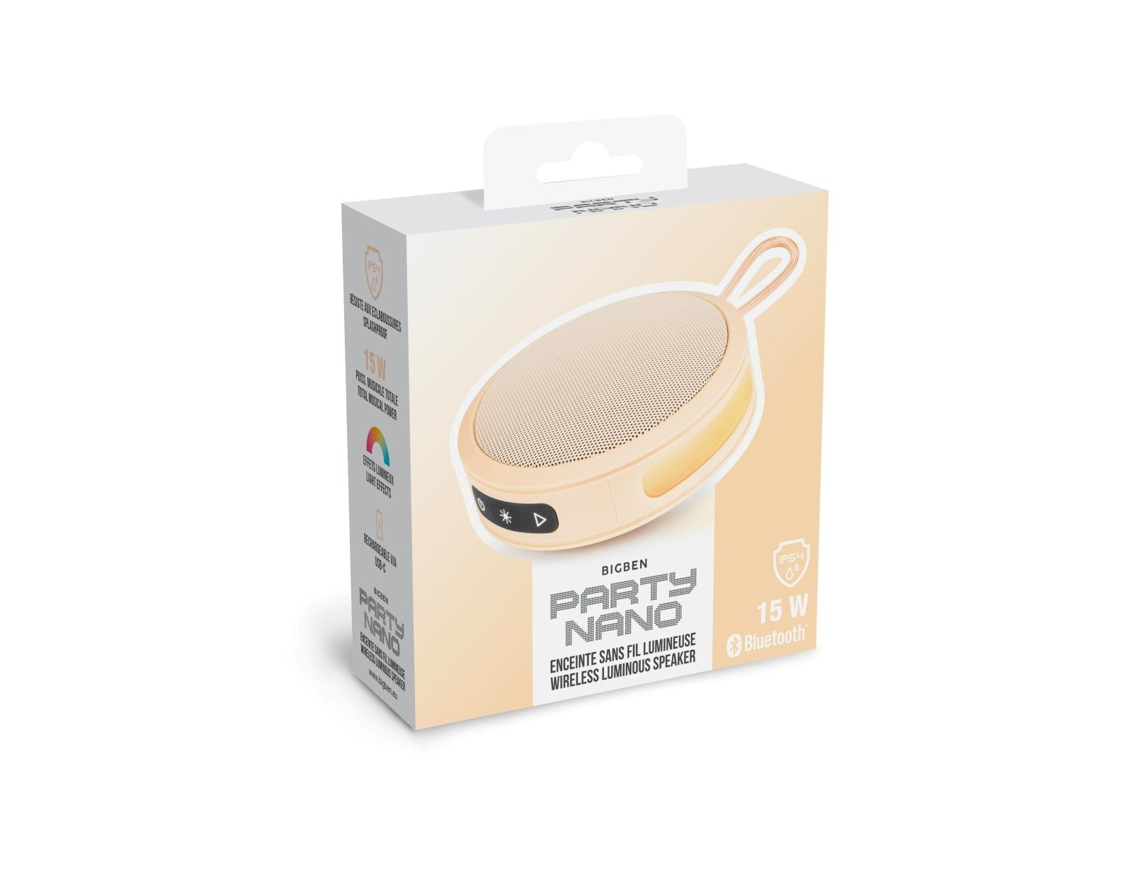 Beżowe i białe pudełko głośnikowe z uchwytem. Posiada przyciski i siatkę głośnika.