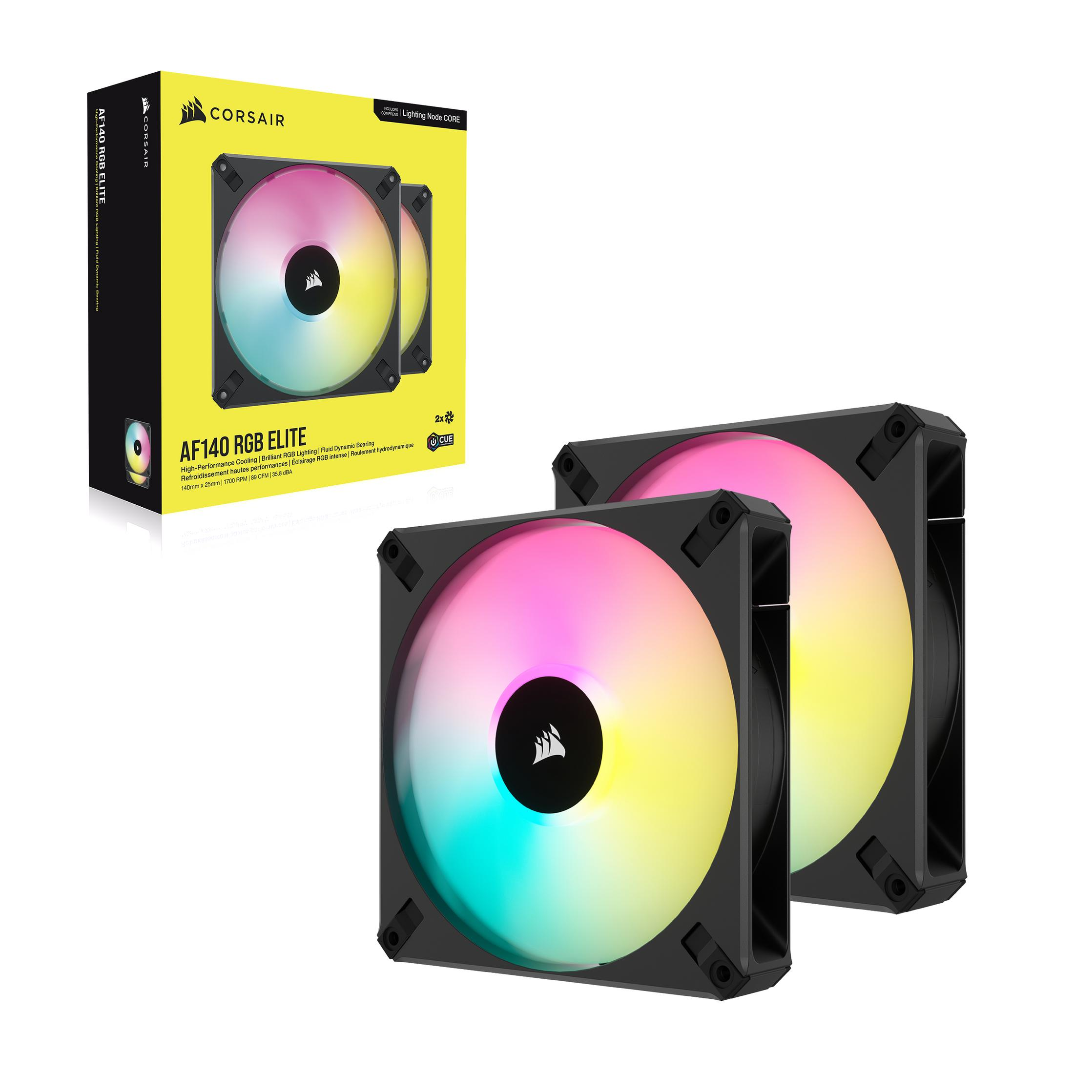Zwei schwarze PC-Lüfter mit einer Box. Lüfter haben bunte Lichter.