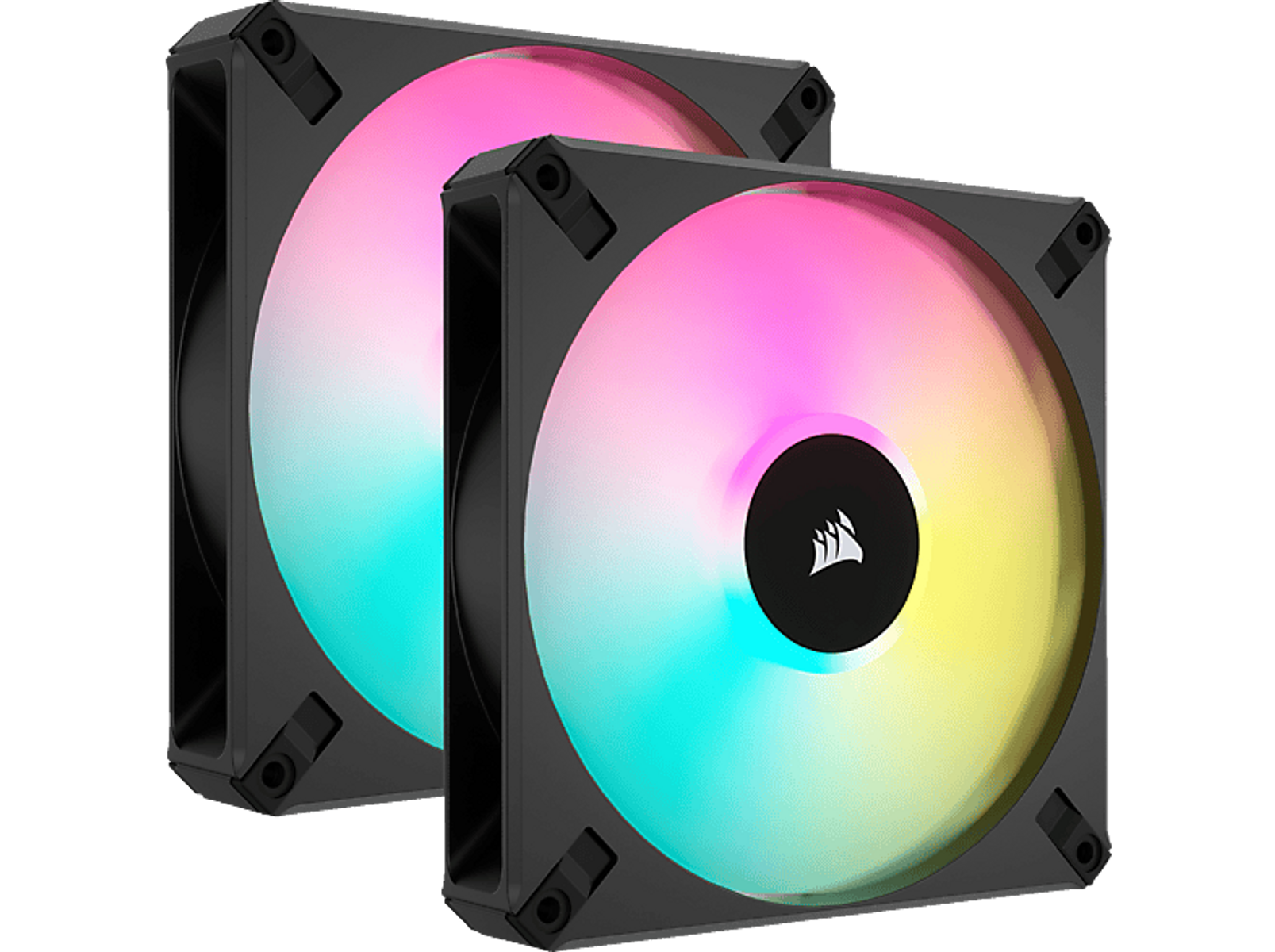 Zwei Computerlüfter mit RGB-Beleuchtung. Jeder Lüfter hat einen schwarzen Rahmen und ein farbenfrohes Zentrum.