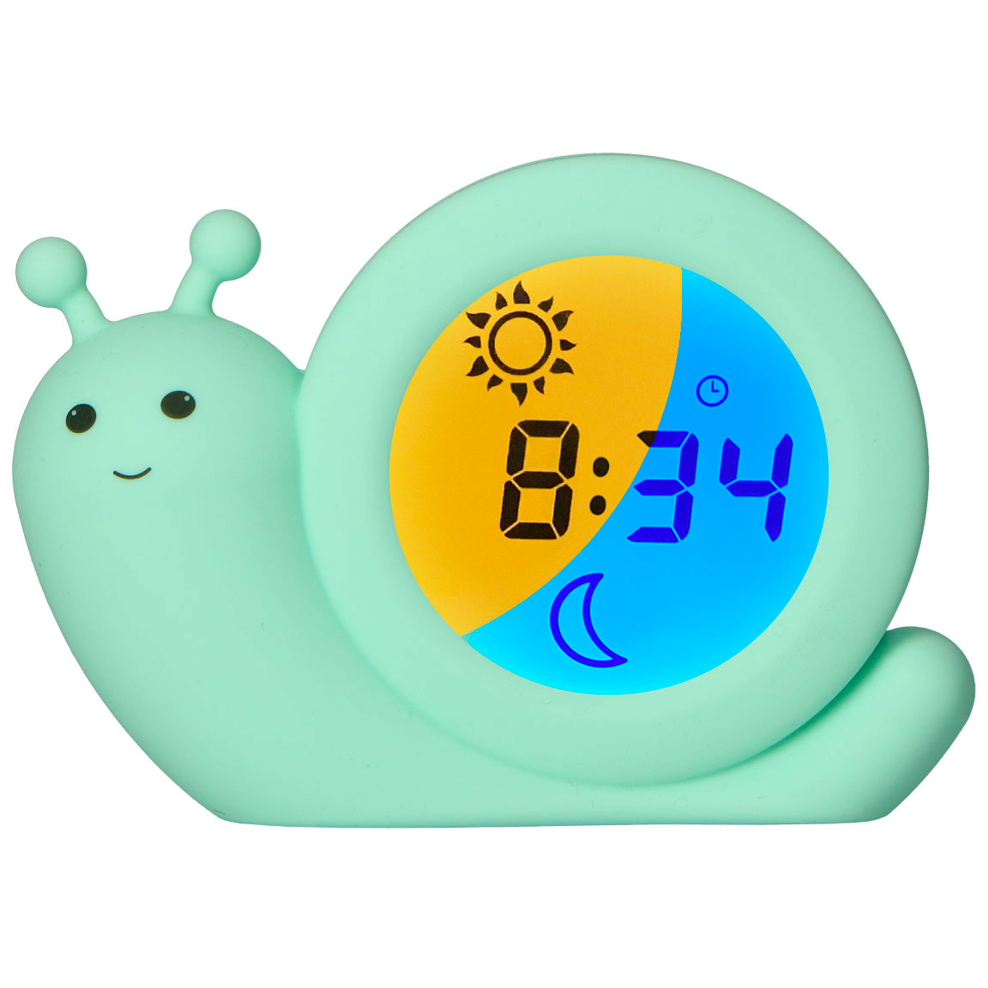 Un réveil en forme d'escargot. Le cadran affiche l'heure 8:34, des icônes de soleil et de lune sont visibles.