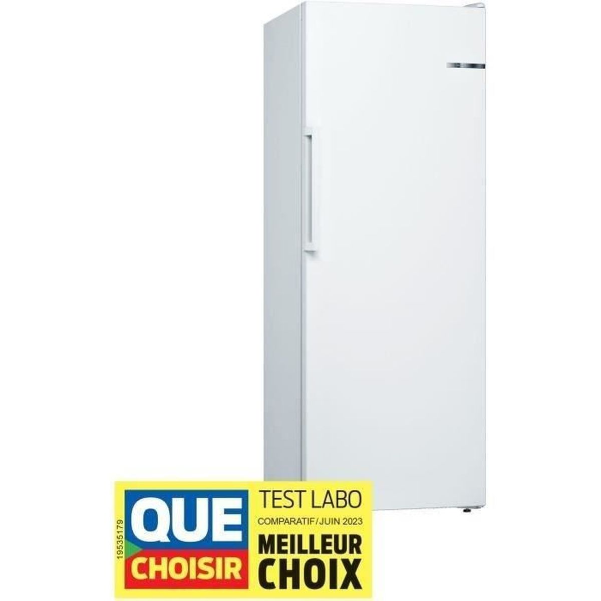 Weißer Kühlschrank mit Türgriff und dem Etikett 'Meilleur Choix'.