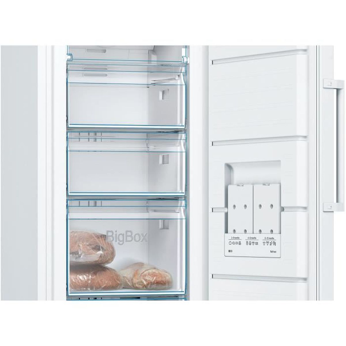 Weißer Kühlschrank mit drei Schubladen und offener Tür, im Inneren Lebensmittel.