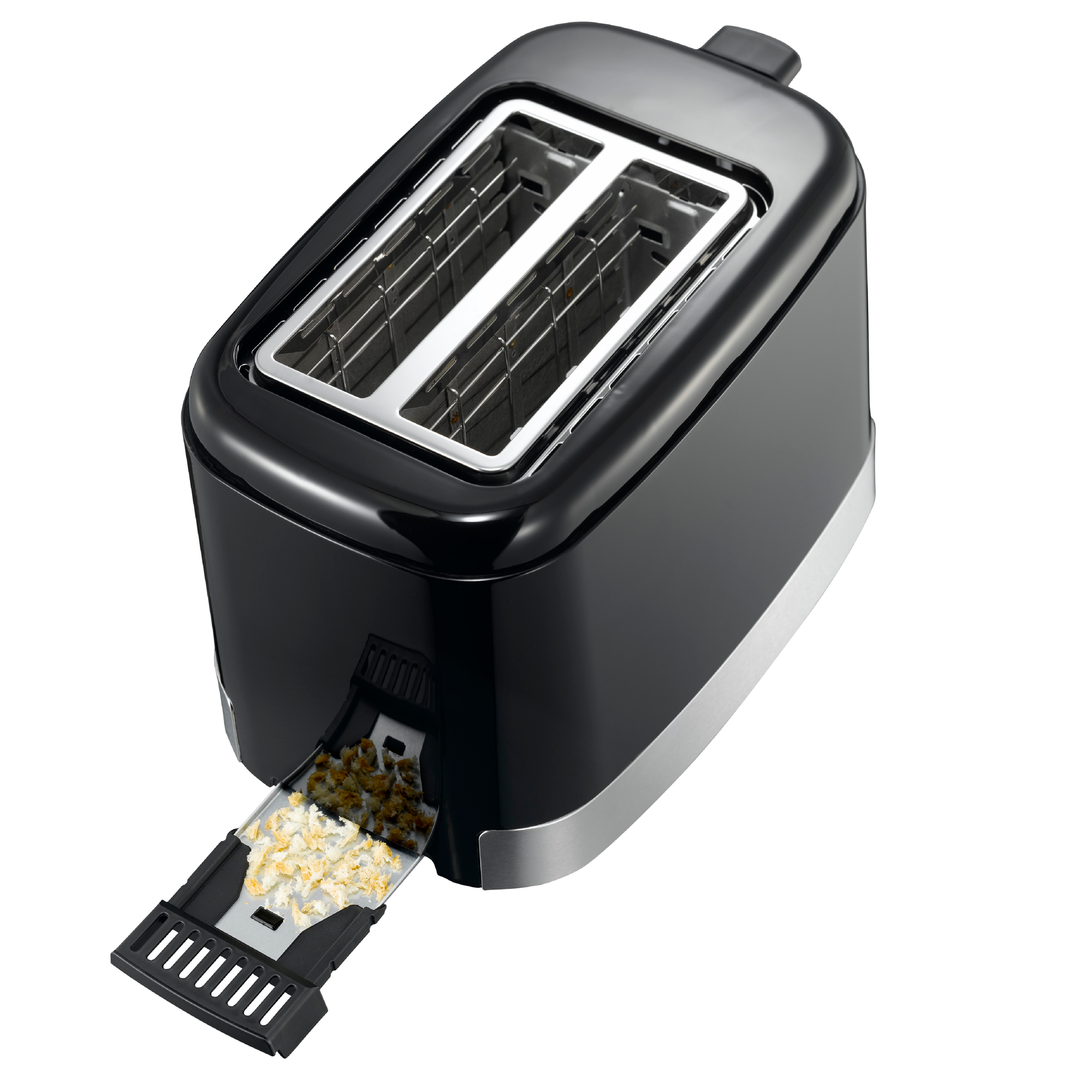Schwarzer Toaster mit zwei Schlitzen und einer Krümelschublade mit Toastkrümeln.