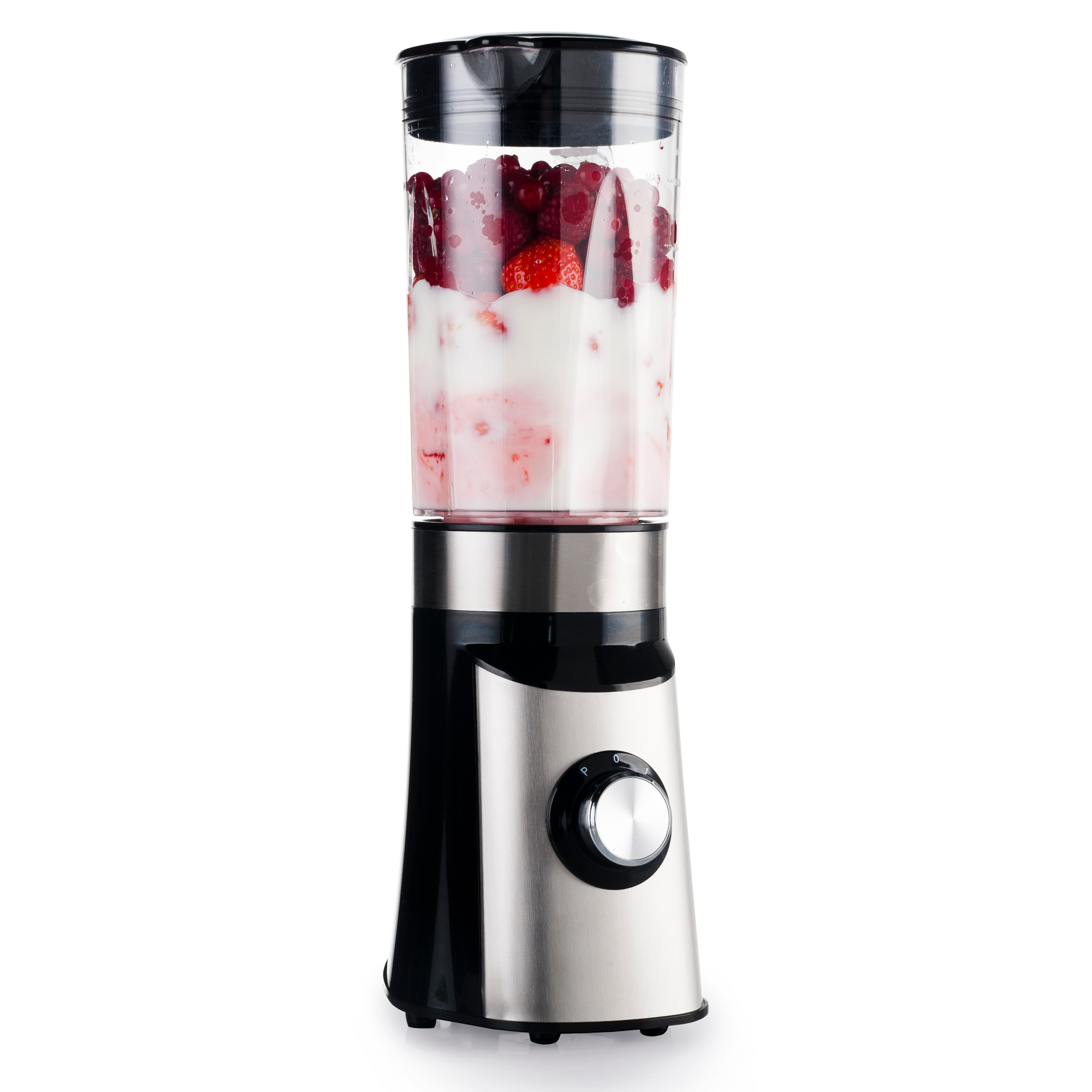 Blender met fruit. Zwarte basis, transparante beker met fruit.