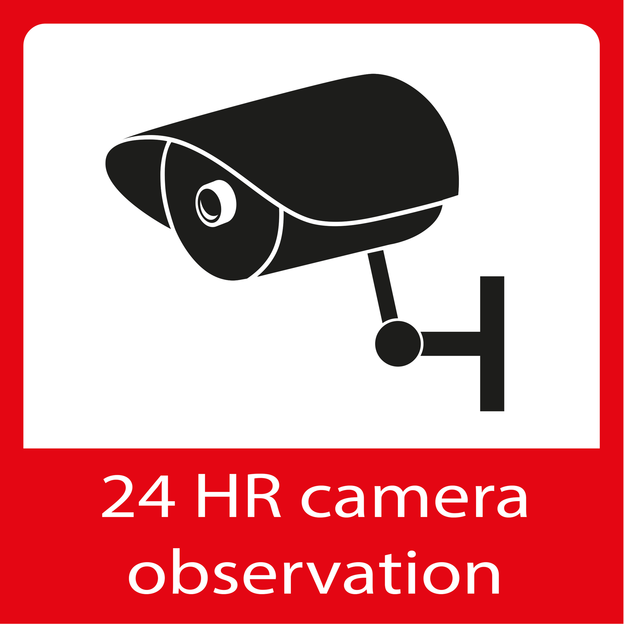 A black security camera graphic on a red background. Text says '24 HR camera observation'.