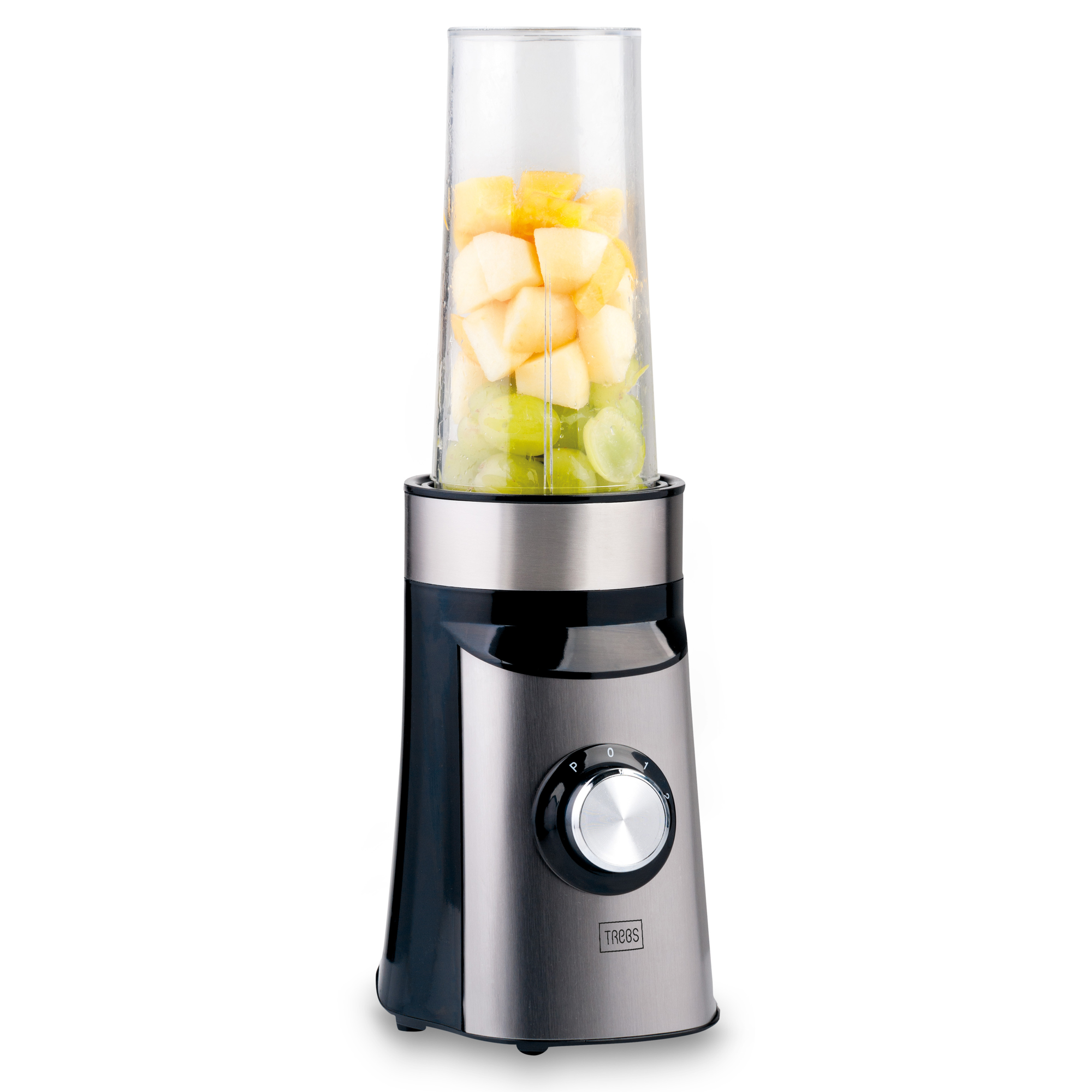 Blender met fruit in het glas, metalen behuizing.