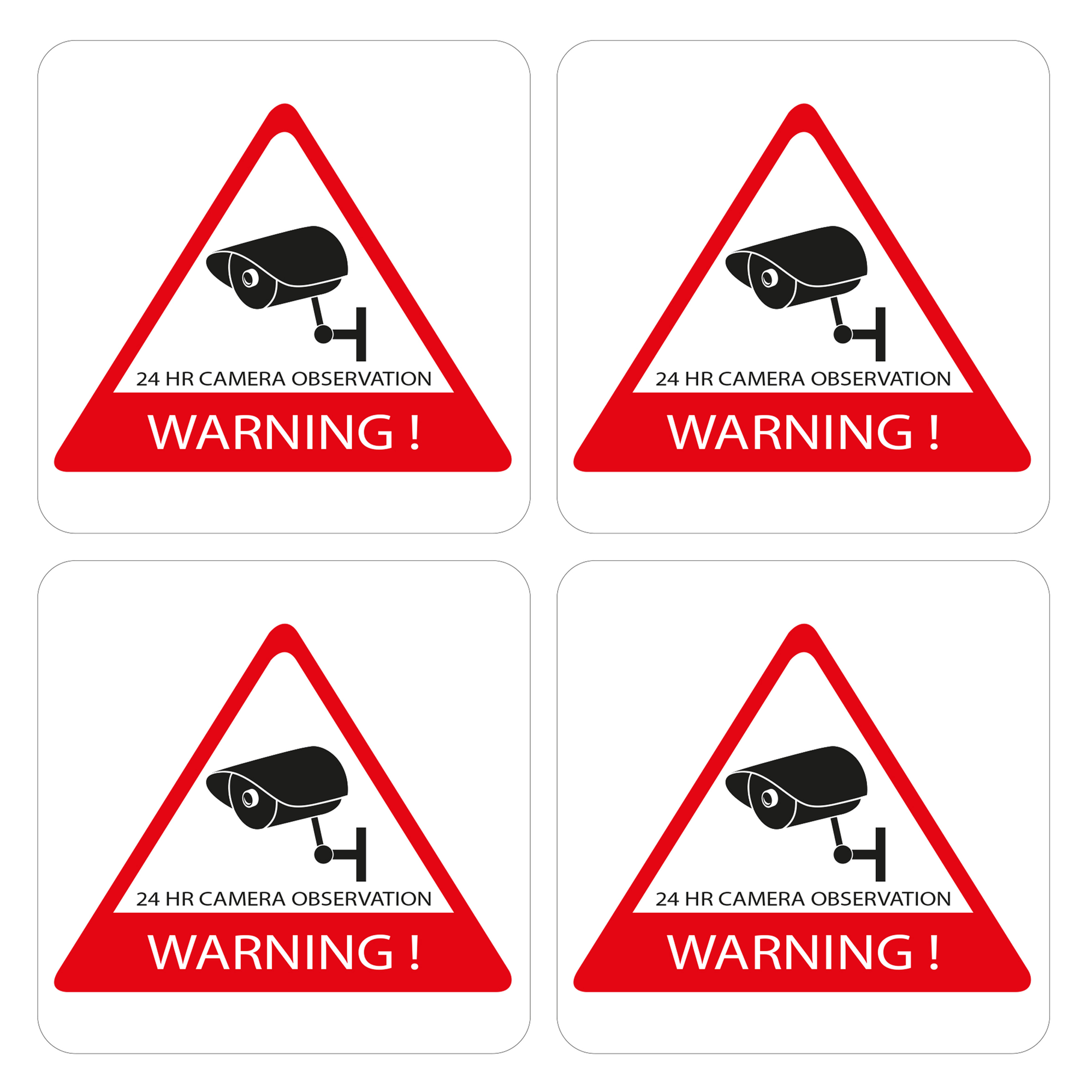 Four warning signs with a camera icon inside a red triangle, white background.