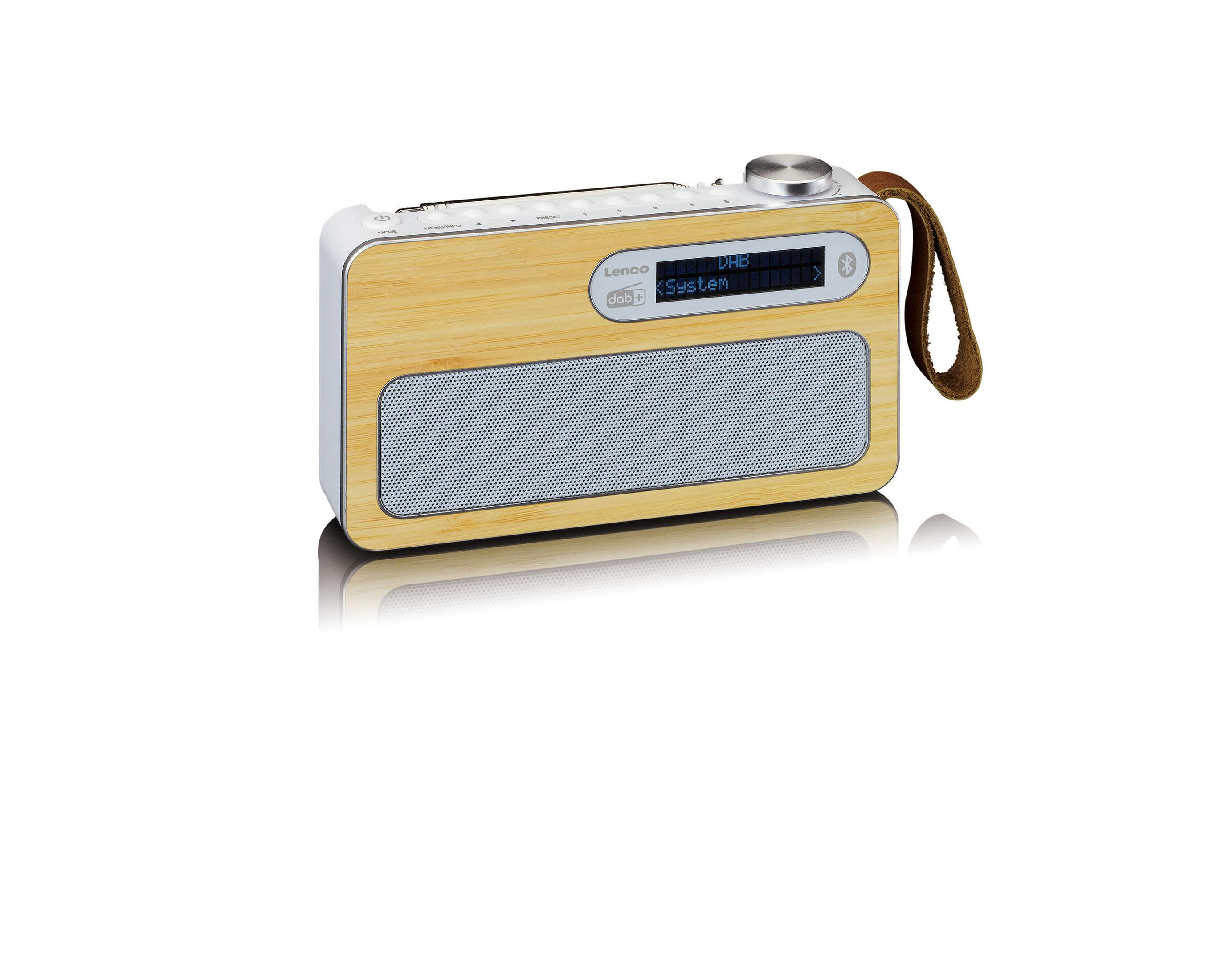Holzradio mit silbernem Regler, kleinem Display und Lederriemen.