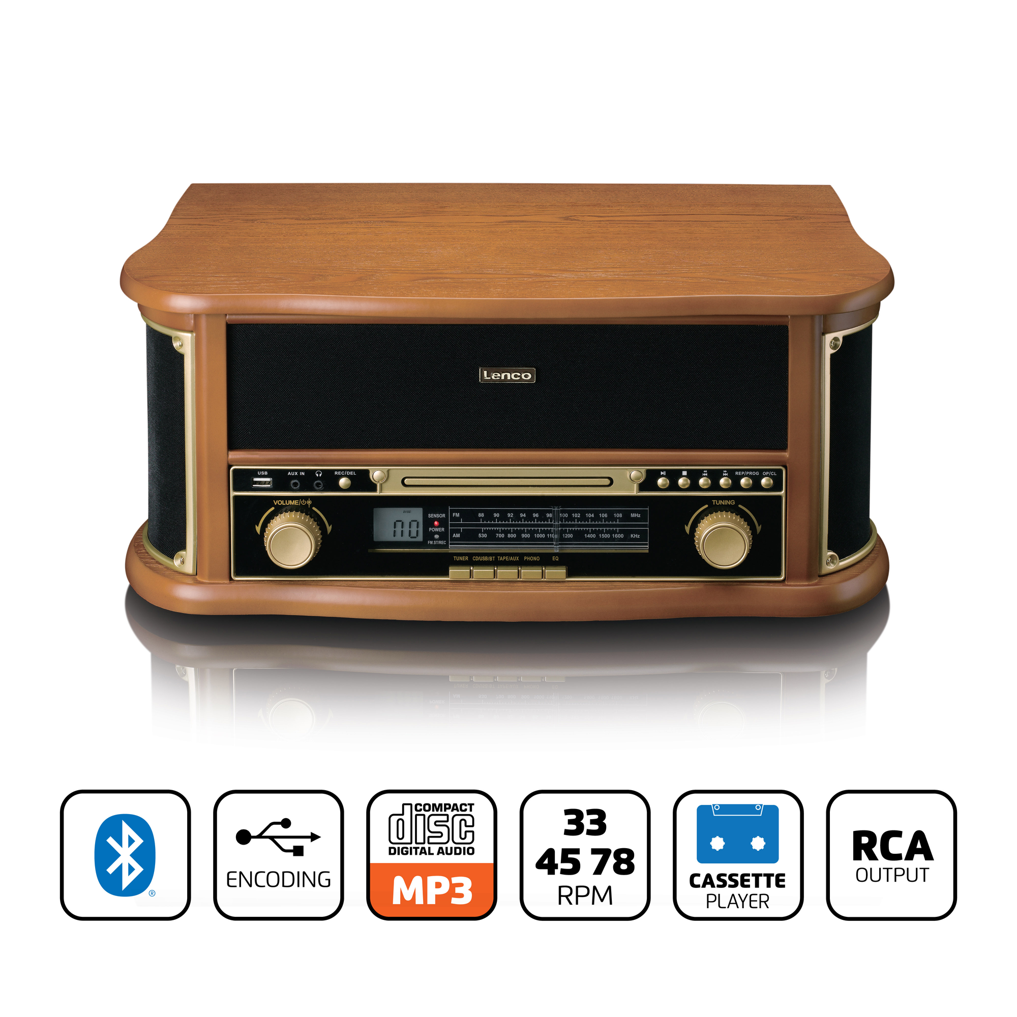 LENCO Classic Phono TCD-2551 WD Retro Bluetooth USB FM Radyo CD Kaset Plak Çalar Pikap Ahşap