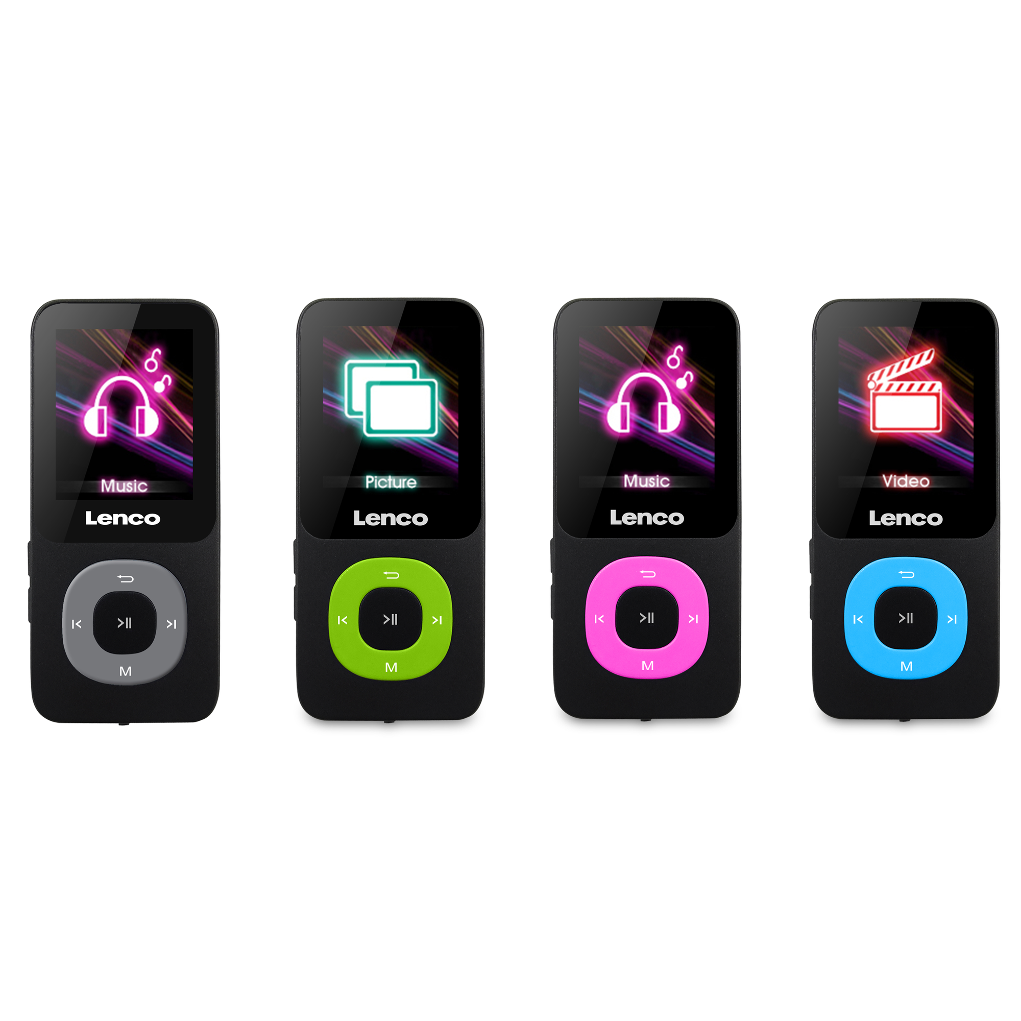Quattro lettori MP3 neri con pulsanti di controllo di diversi colori. Ognuno ha uno schermo.
