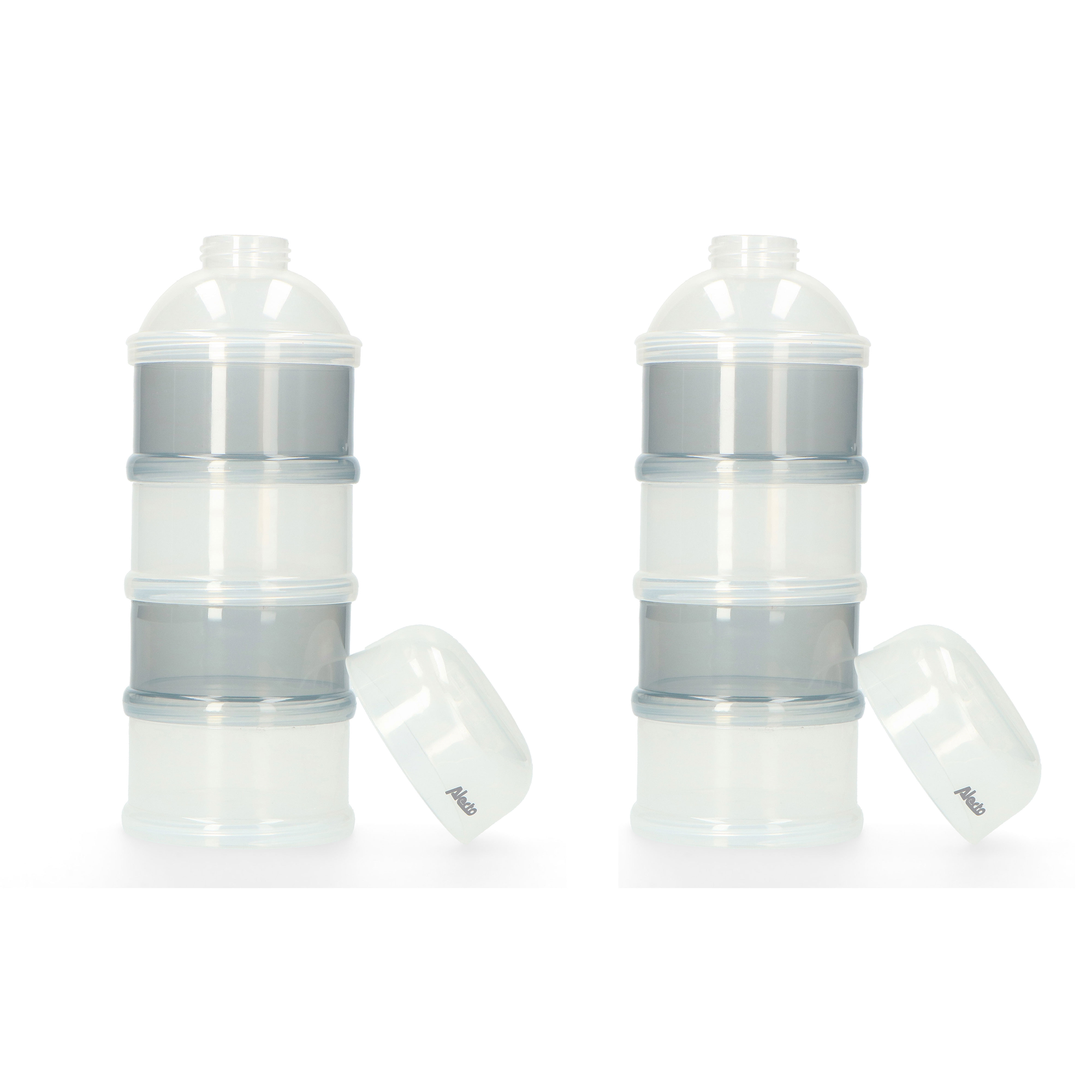 Twee babyformule dispensers, elk met drie compartimenten en een los deksel.