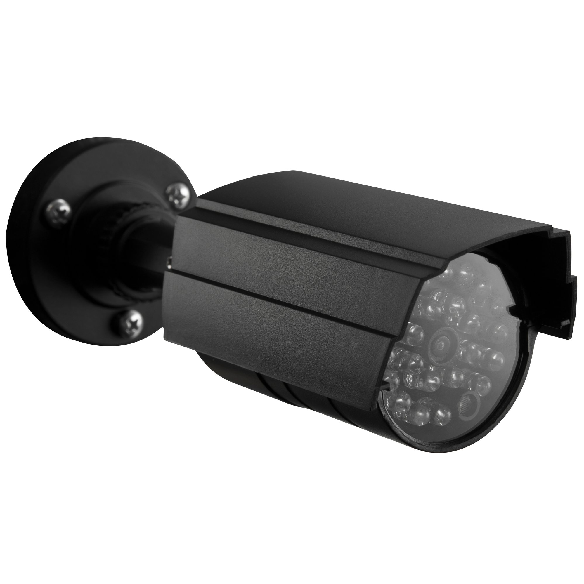 Eine schwarze Überwachungskamera an der Wand; sie hat LED-Leuchten.