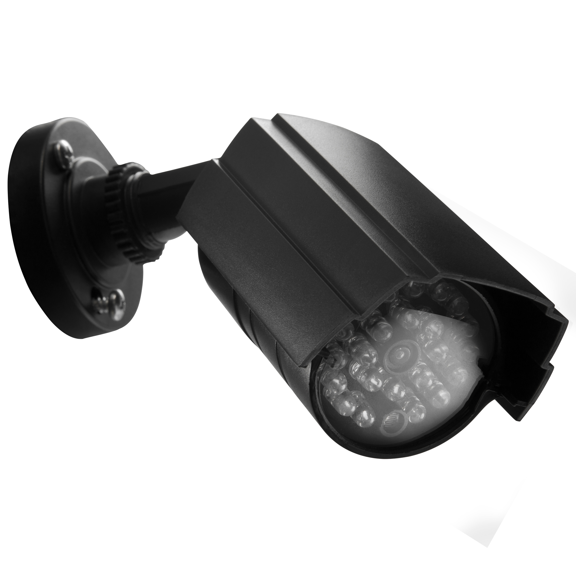 Schwarze Überwachungskamera. LED-Leuchten innen. Weißer Hintergrund. Abgewinkelte Ansicht.