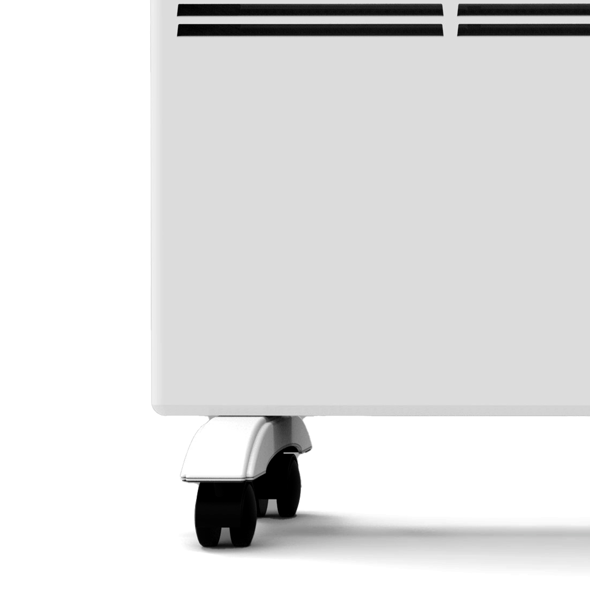 Weißer Elektroheizer mit schwarzen Rädern und Lüftungsschlitzen. Die Vorderansicht zeigt ein schlichtes, sauberes Design.