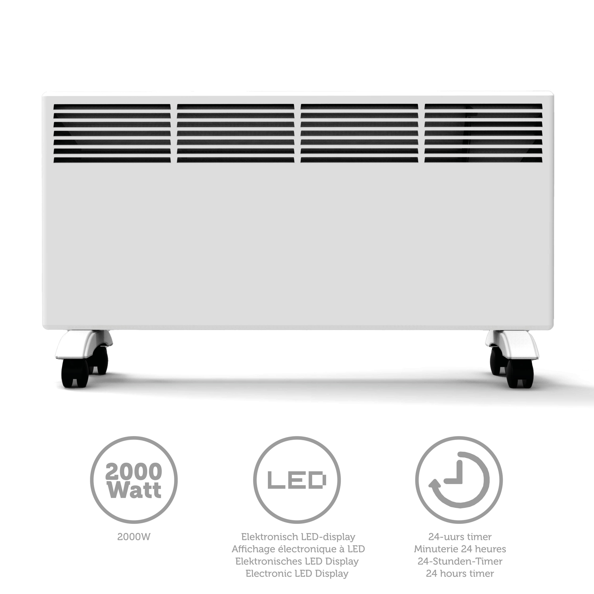 Weißer Elektroheizer auf Rädern, mit Bedienfeld und Symbolen.