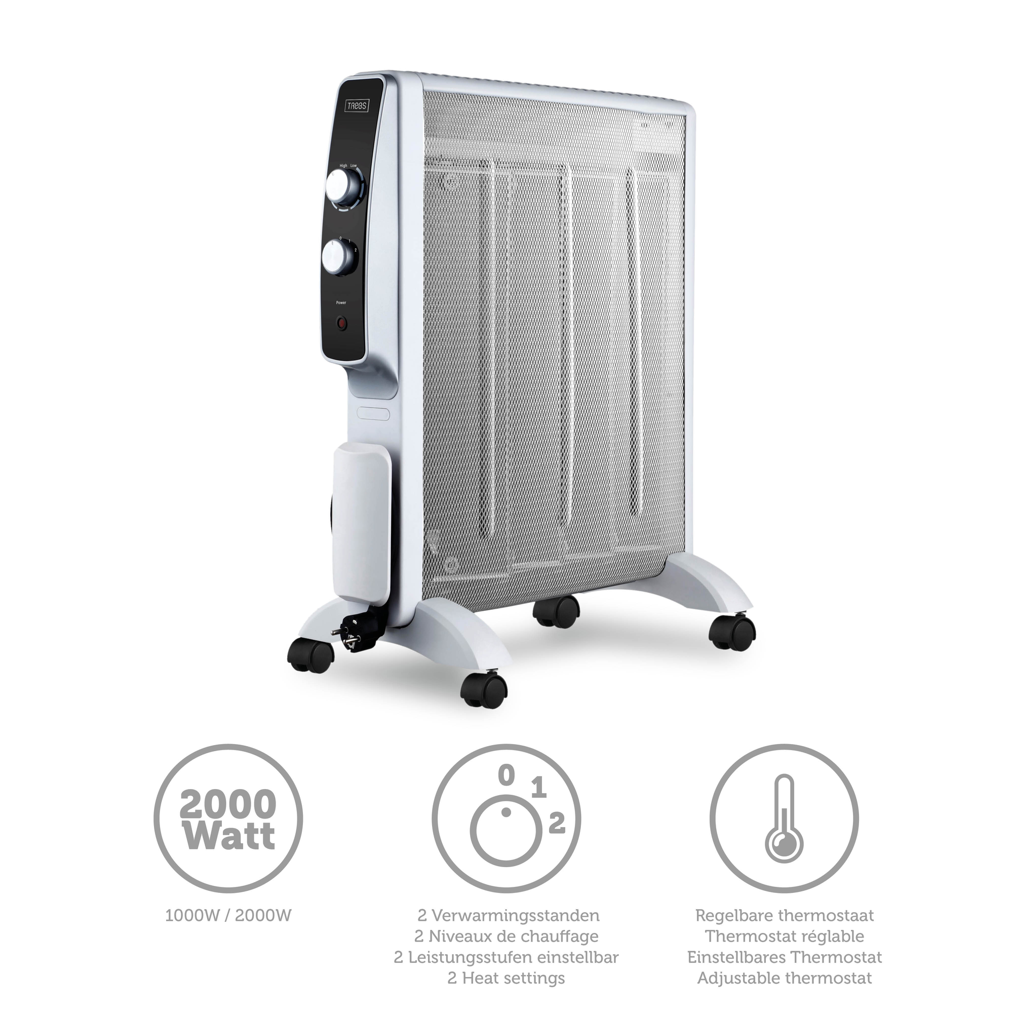 Weißer Elektroheizer mit Bedienelementen, auf Rädern. Text: 2000W, 2 Heizstufen, einstellbarer Thermostat.