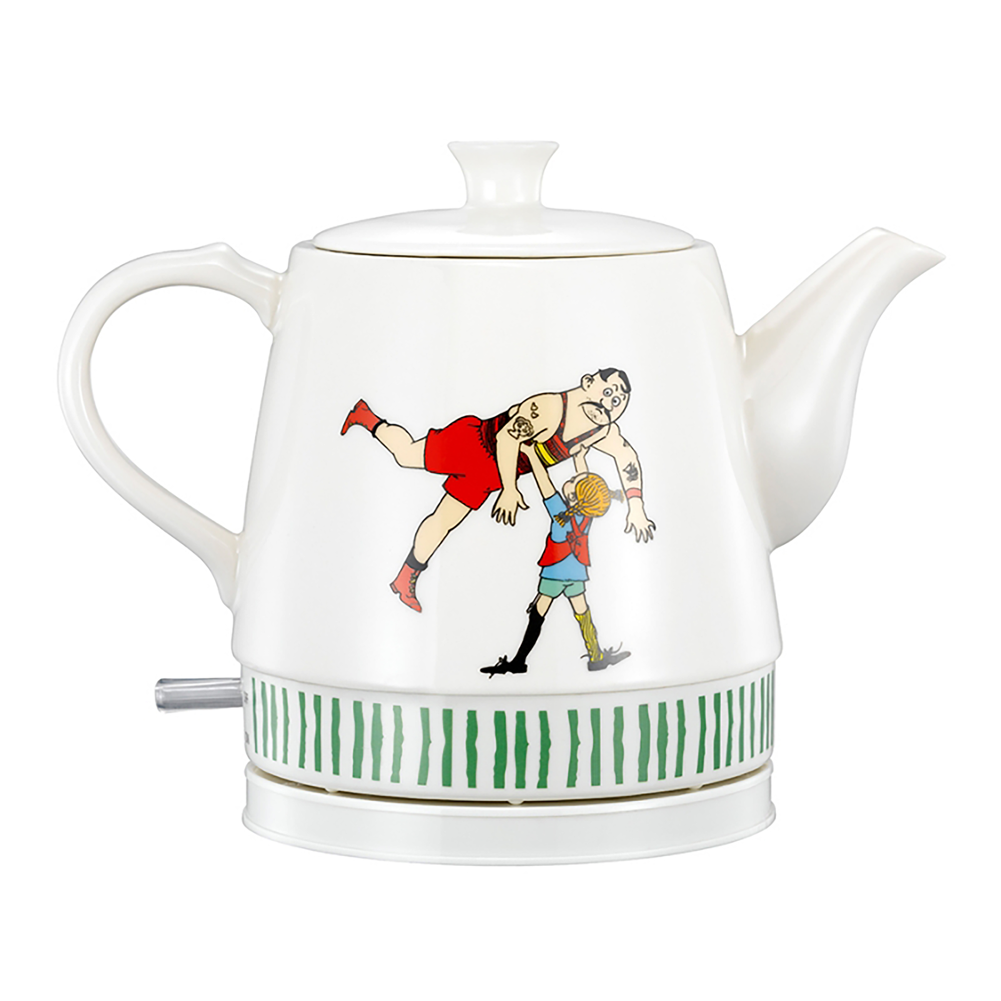 Weißer Wasserkocher mit einem Cartoonbild von ringenden Figuren auf der Seite.
