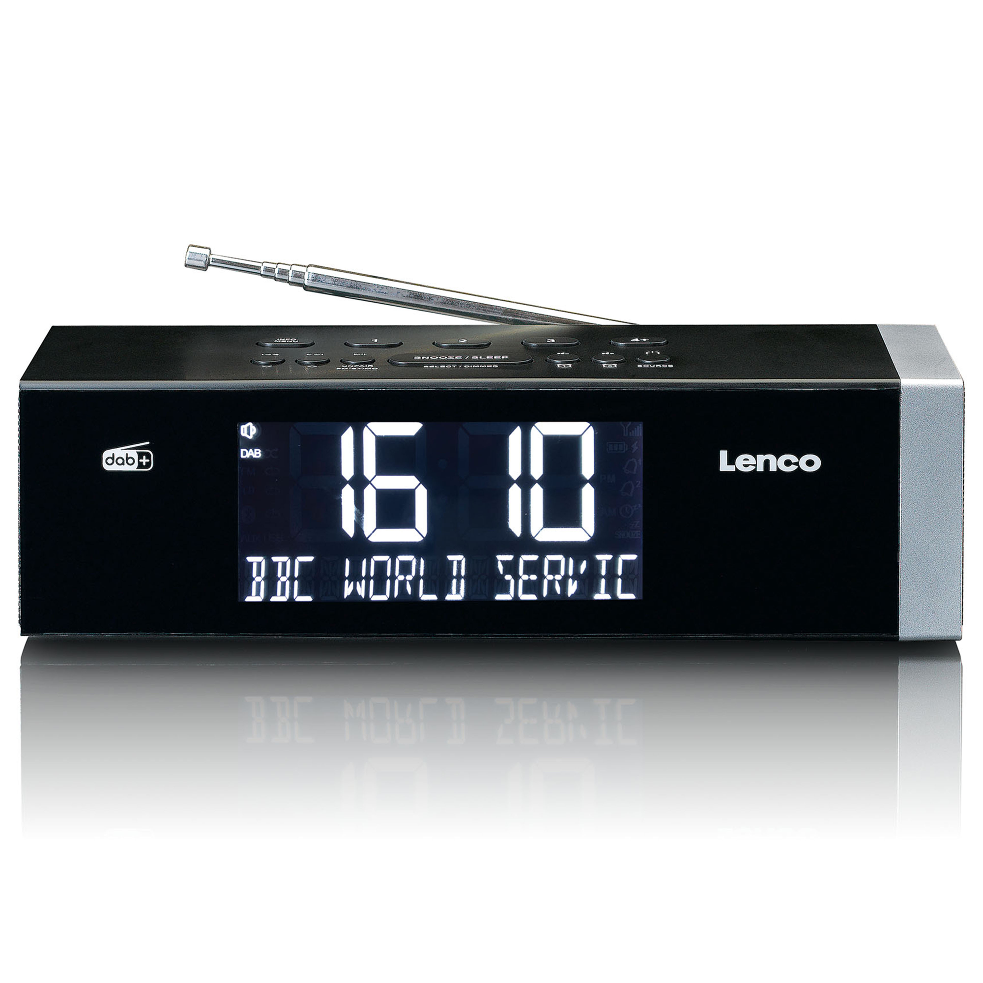 Een zwarte Lenco digitale klokradio met een witte display die de tijd en BBC World Service toont.