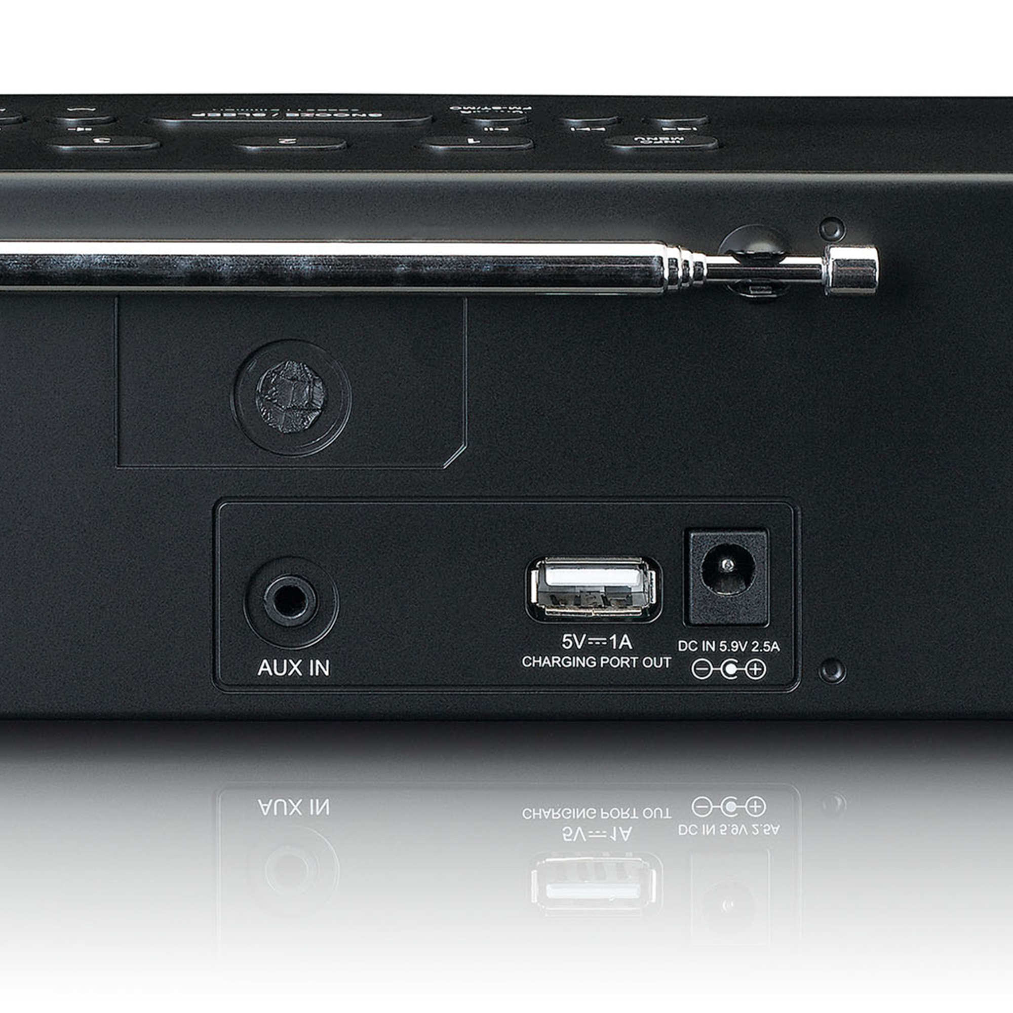 De achterkant van een zwarte radio met poorten: AUX IN, USB opladen en een stroomingang.