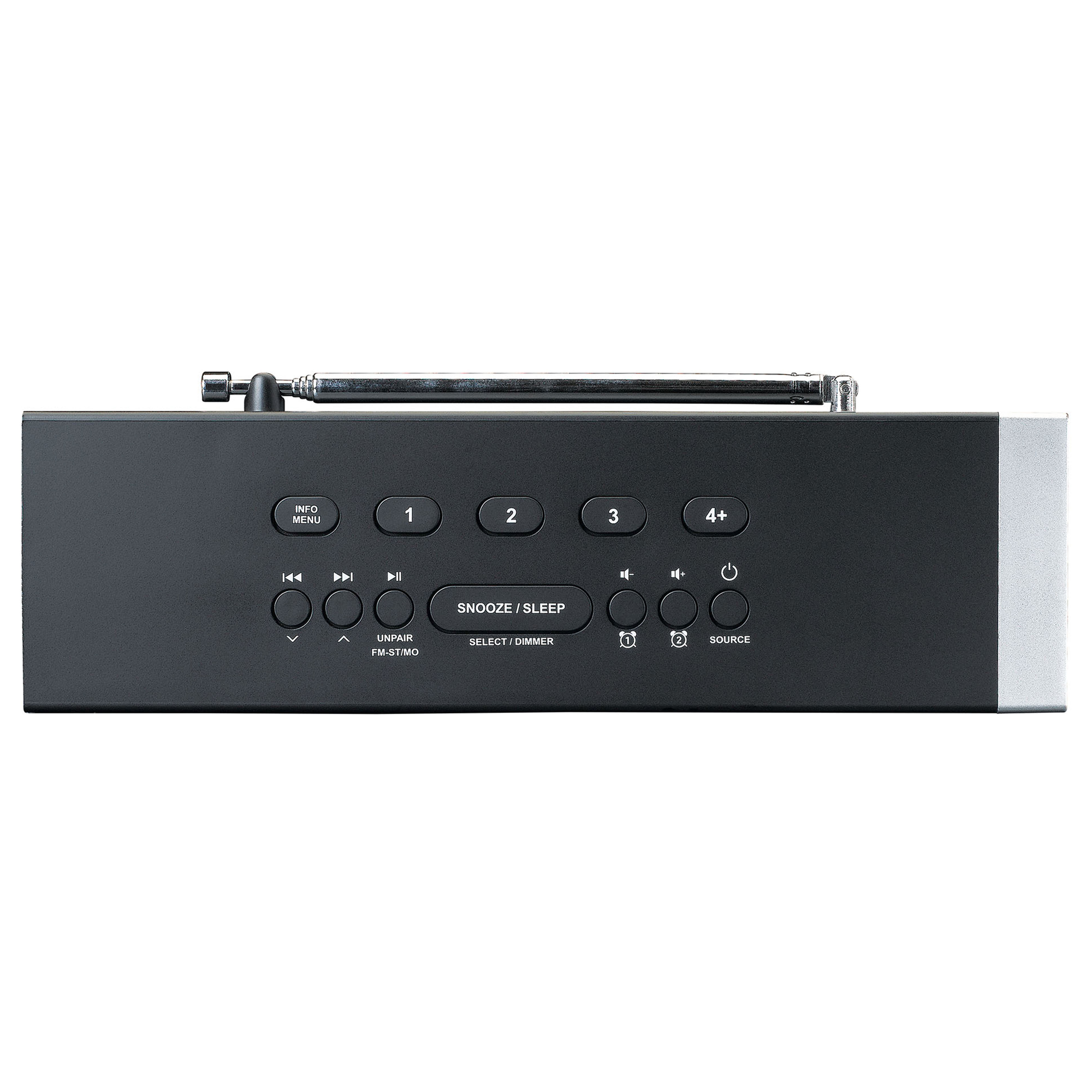 Een zwarte digitale radio met knoppen en een antenne. Het heeft een display.