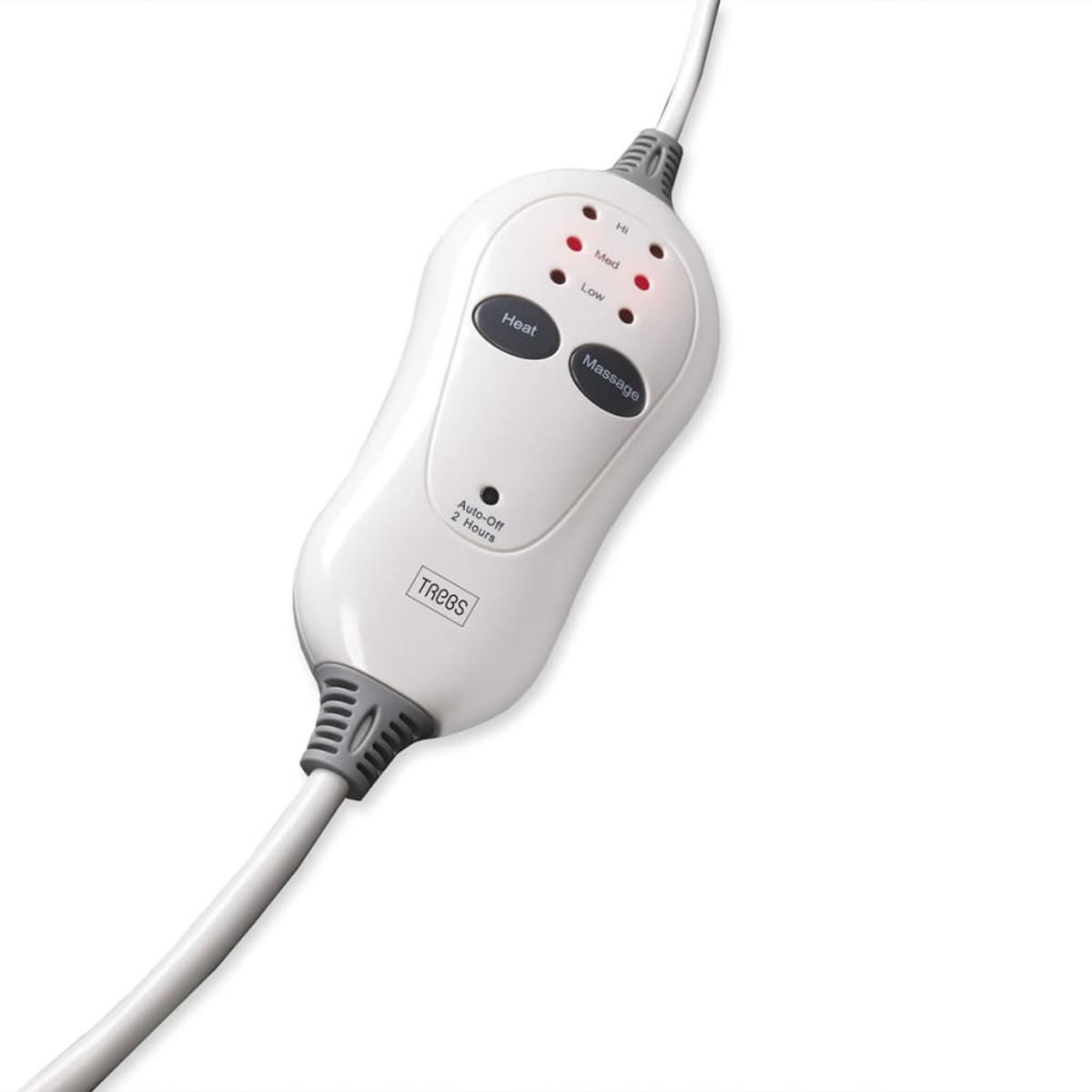Un'unità di controllo bianca per una coperta elettrica, con pulsanti per calore e massaggio. Sfondo bianco.