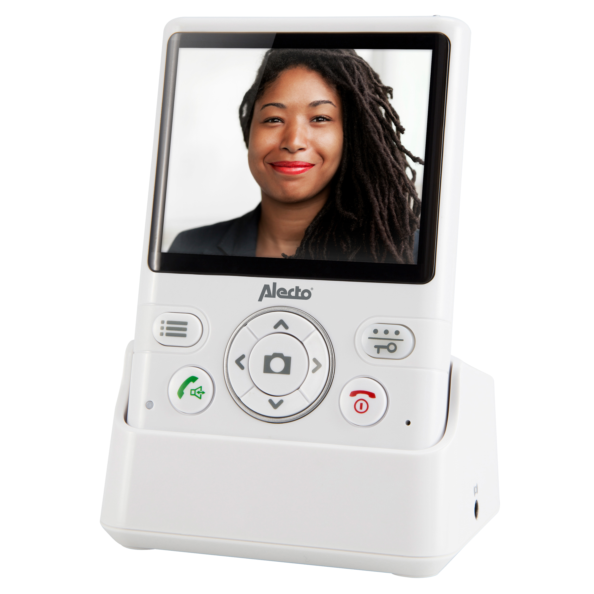Weißer Babyphone-Monitor mit Bildschirm, der eine Frau zeigt, und Ladestation auf weißer Oberfläche.