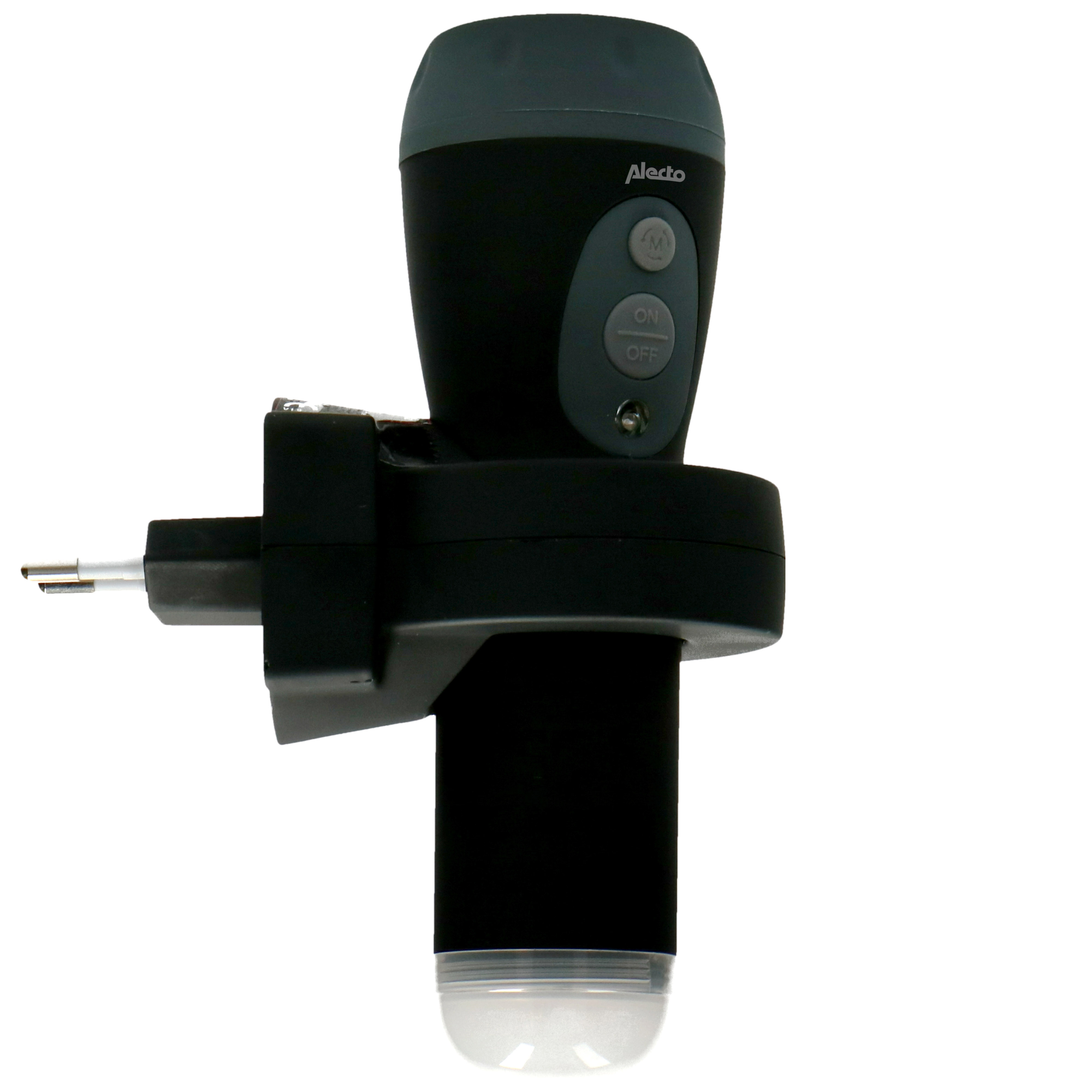 Czarny i szary środek odstraszający komary Alecto z wtyczką, przyciskami i światłem.