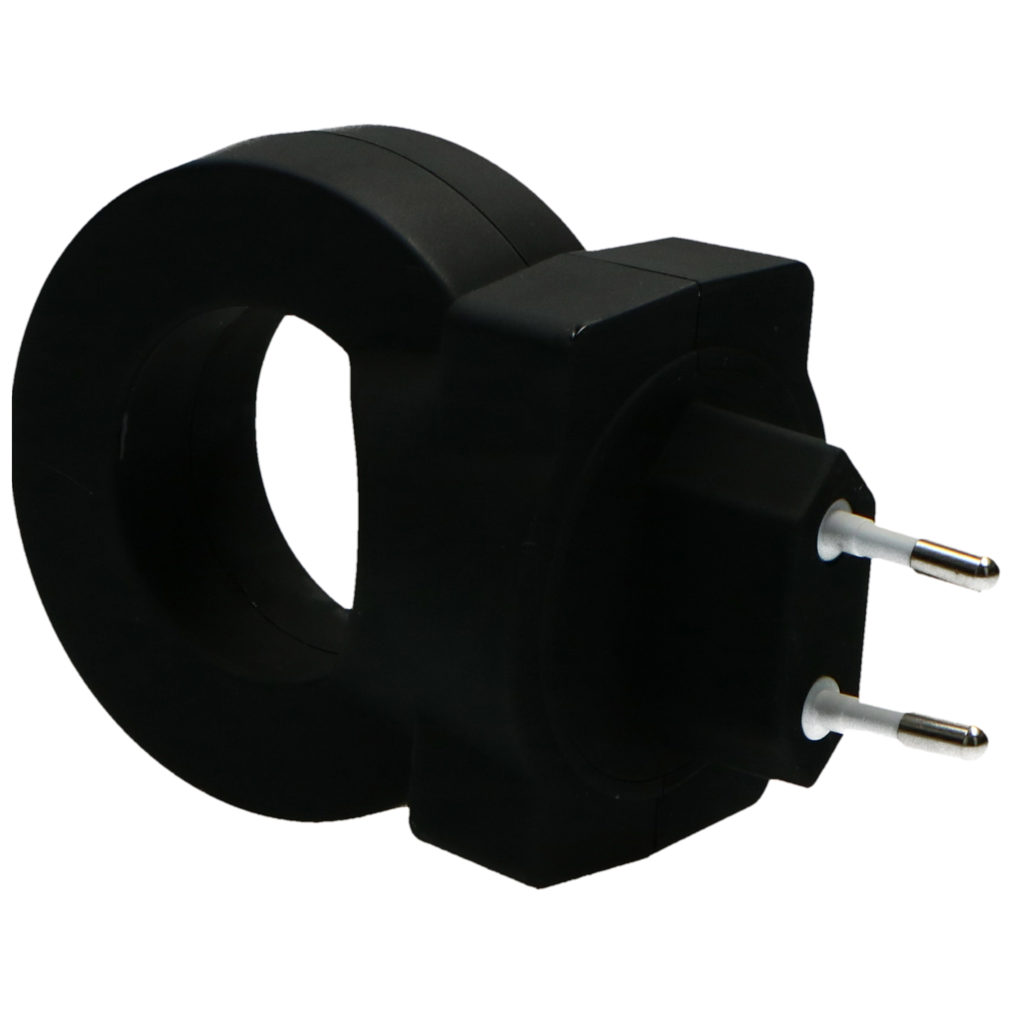 Czarny czujnik prądu z dwoma bolcami do połączenia elektrycznego.