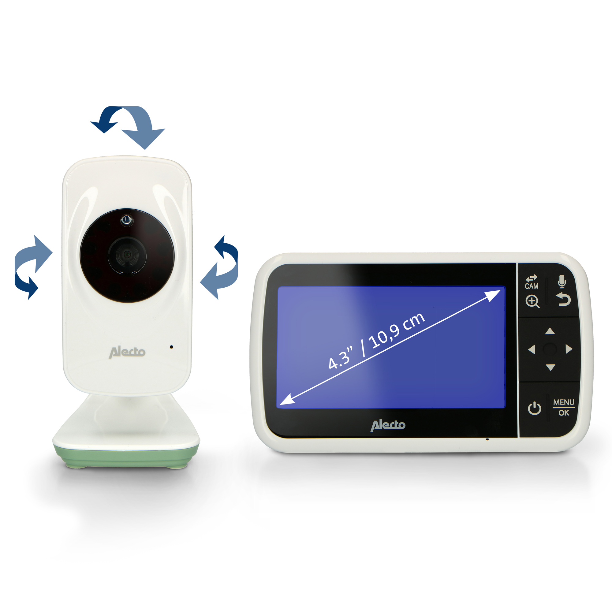 White baby monitor with screen showing a blank display, and a rotating camera on the left.
