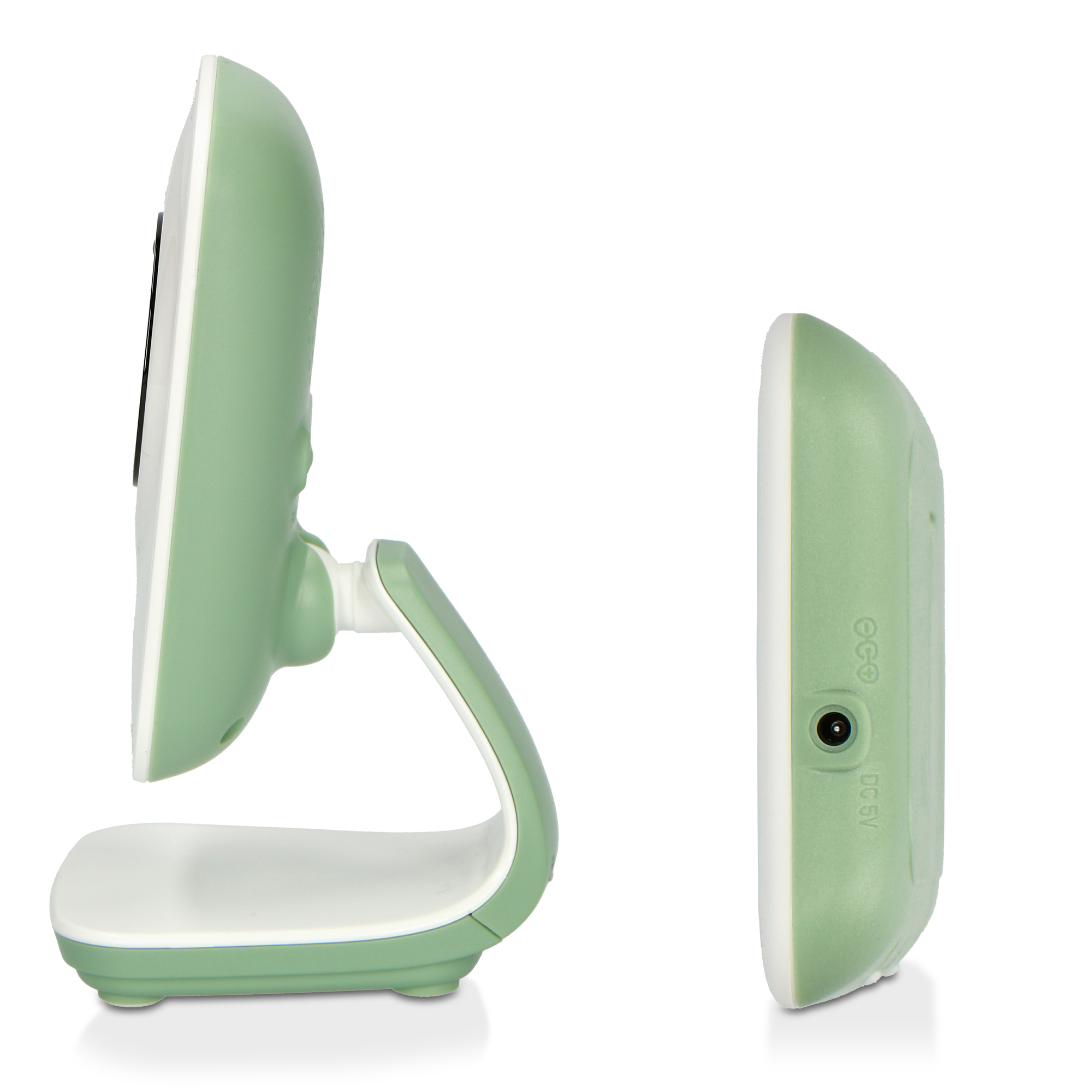 A green and white baby monitor, side view, with a curved stand. Another part of the monitor is on the right.