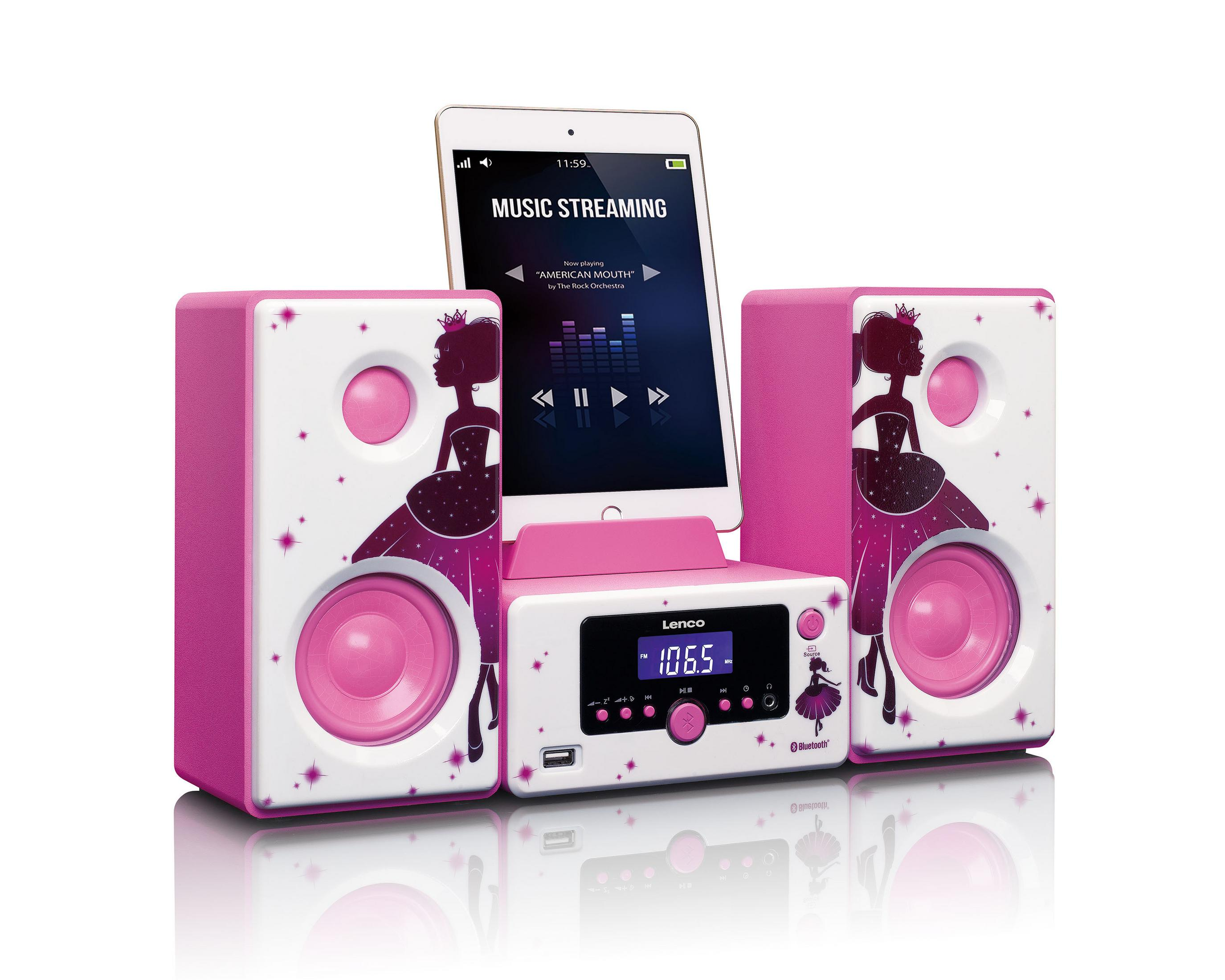 LENCO MC-020 Princess - Mikro mit Bluetooth, Stereoanlage Radio, Radio, und AUX-Eingang FM, FM, - Bluetooth®, USB Weiß-Pink