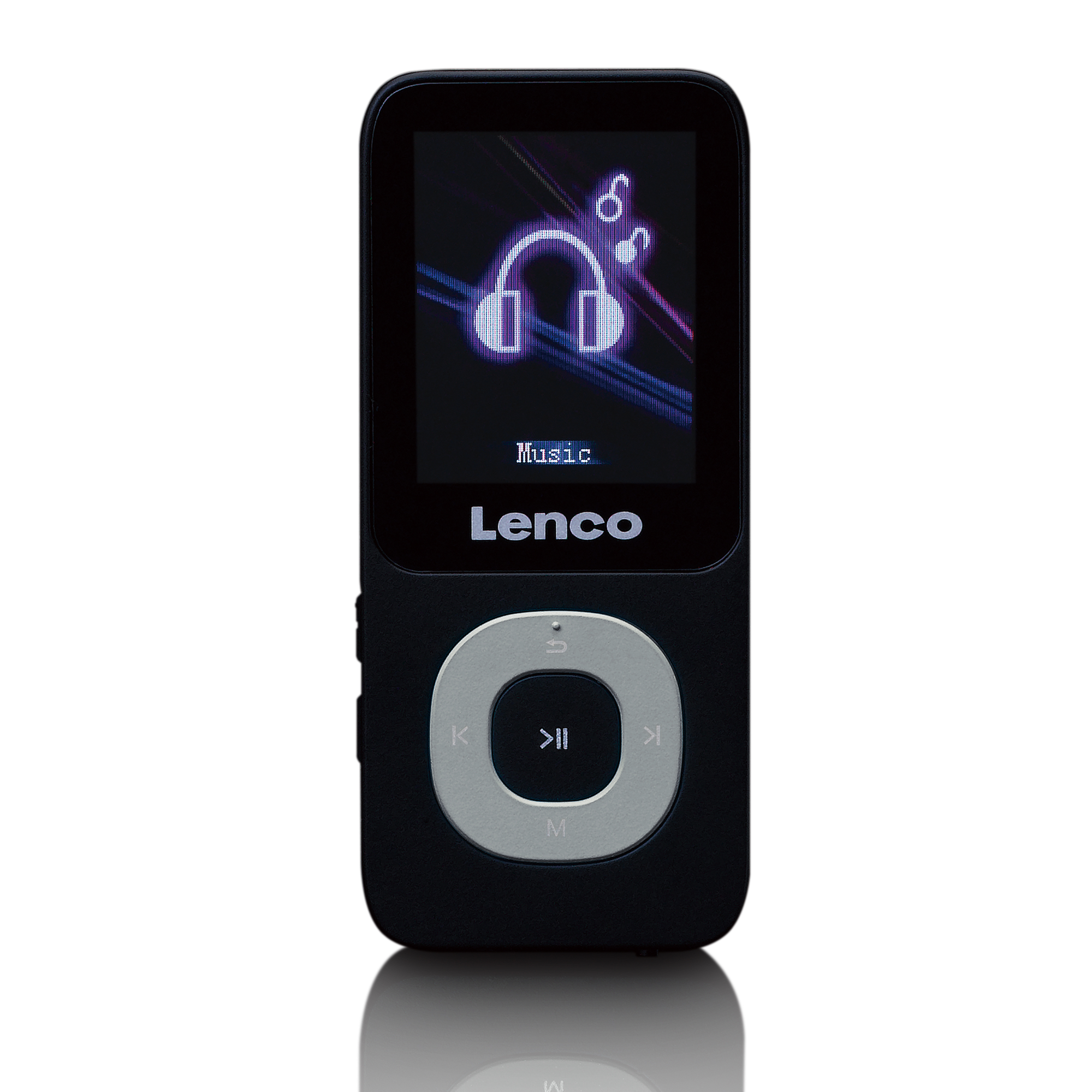 Lettore MP3 Lenco nero con schermo che mostra musica e icone cuffie.