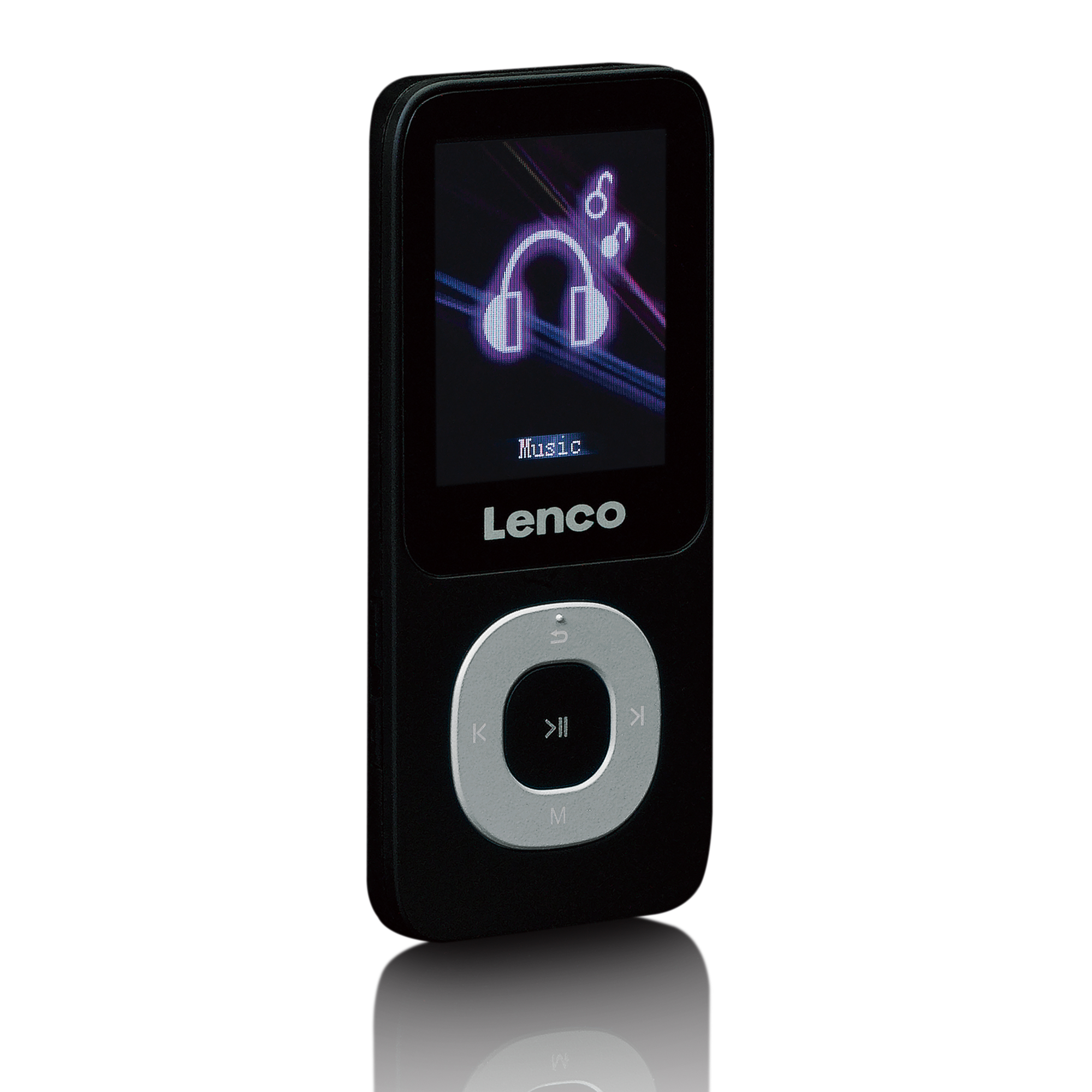 Lettore MP3 Lenco nero. Ha uno schermo che mostra note musicali. Ha un cerchio bianco con pulsanti. Sfondo bianco.