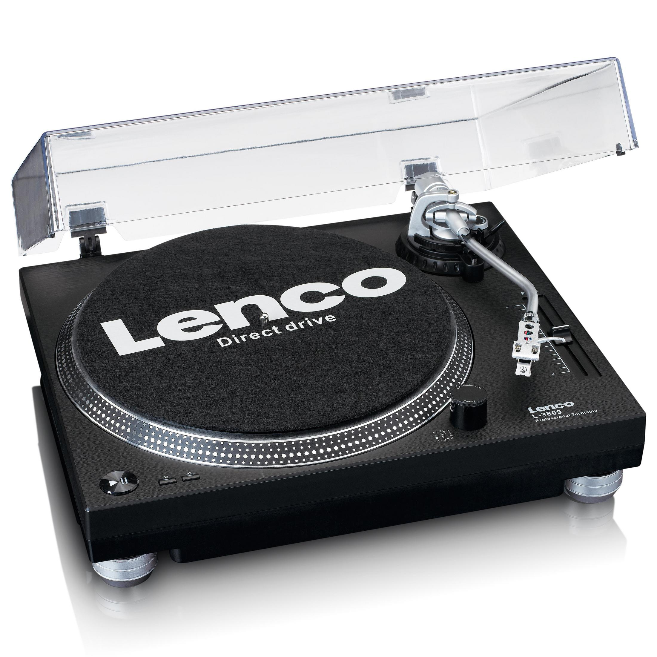 Schwarzer Lenco-Plattenspieler mit klarer Abdeckung. Silberfarbener Arm und schwarzer Teller. Weißer Text 'Lenco'.