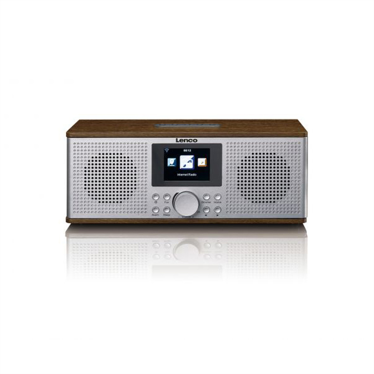 Brązowe i srebrne radio internetowe Lenco. Posiada ekran, przyciski i głośniki.