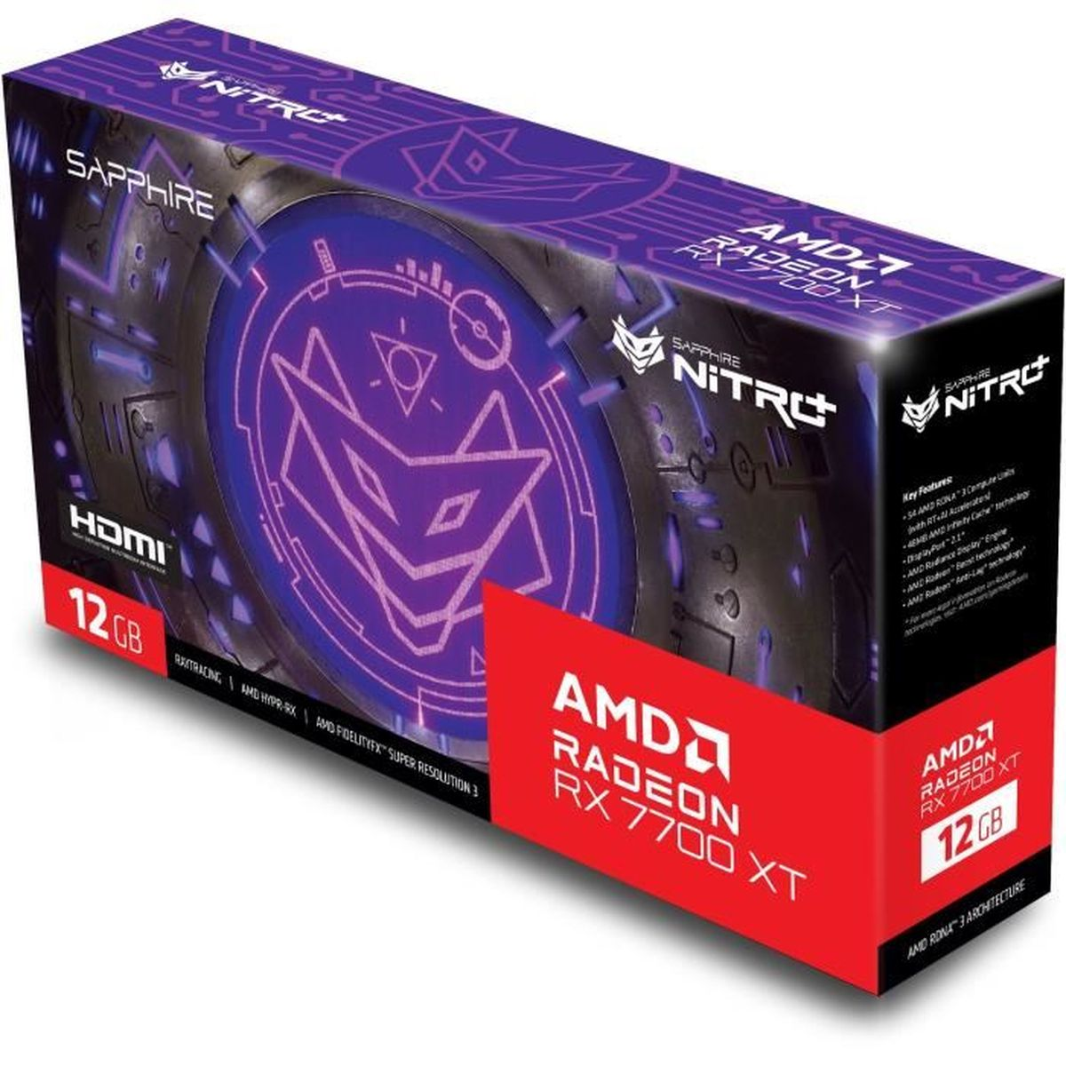 Tarjeta gráfica AMD Radeon RX 7700 XT en caja. Predominan los colores rojo y morado.