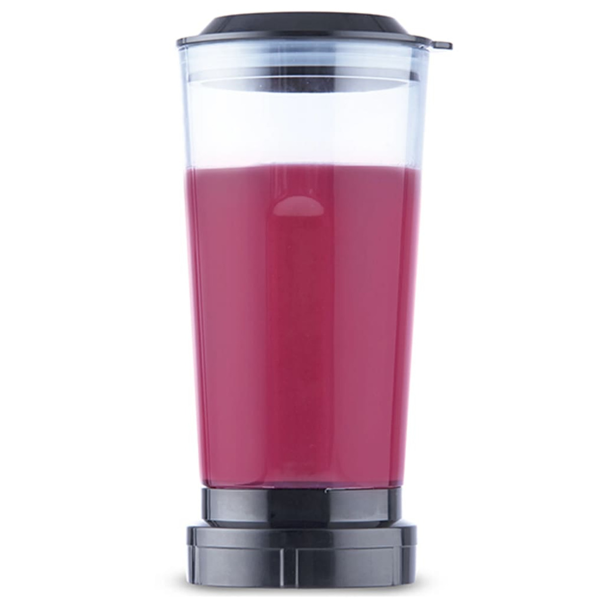 Tall clear blender cup filled with pink liquid, on a black base, and a black lid.