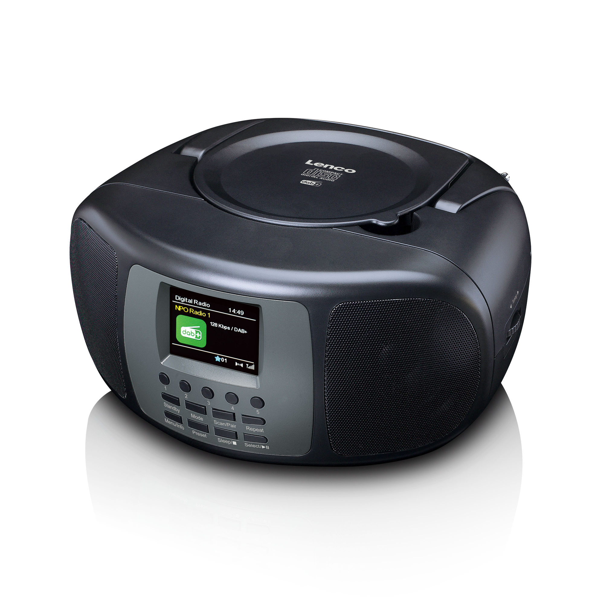 Black Lenco radio CD player with a digital display and control buttons. The top has a CD tray.