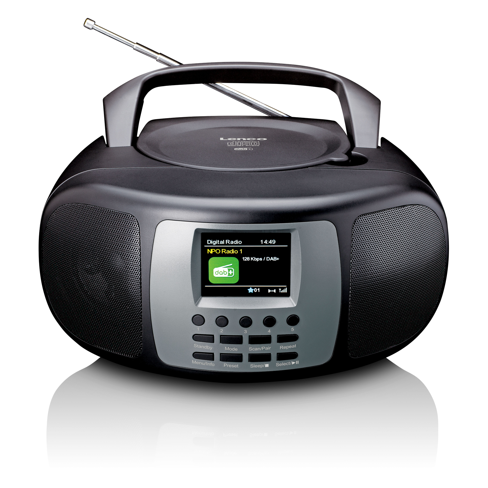 A black portable CD player with a handle, display, and control buttons. It has a silver accent.