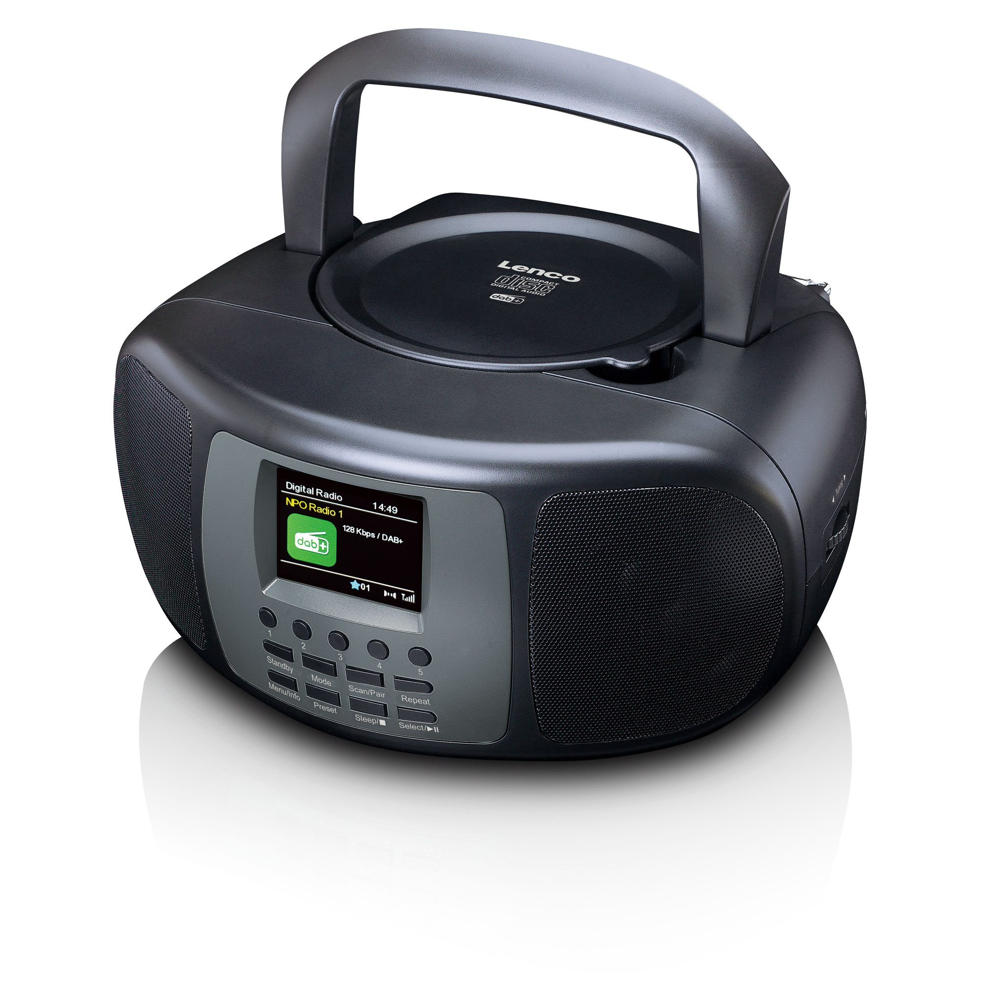 A black portable CD player with a handle and controls. It's on a white background.