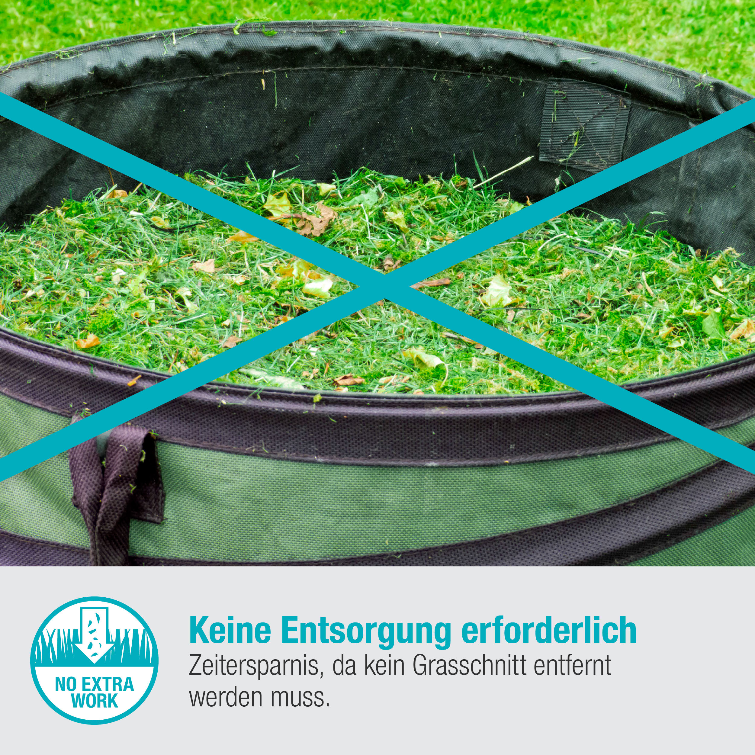 Grüner und schwarzer Behälter mit Grasschnitt, mit Text 'NO EXTRA WORK'.